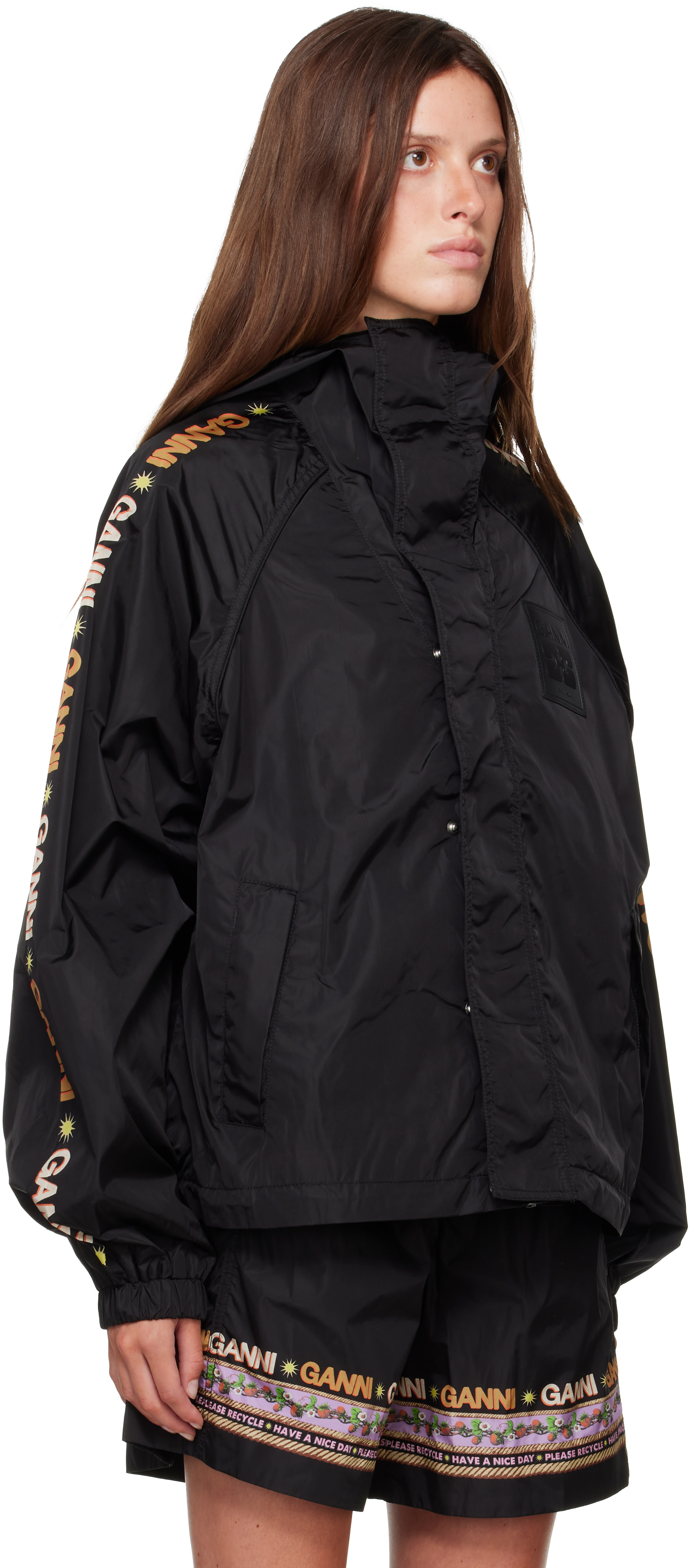 GANNI: Black Placement Printed Flyweight Nylon Jacket | SSENSE