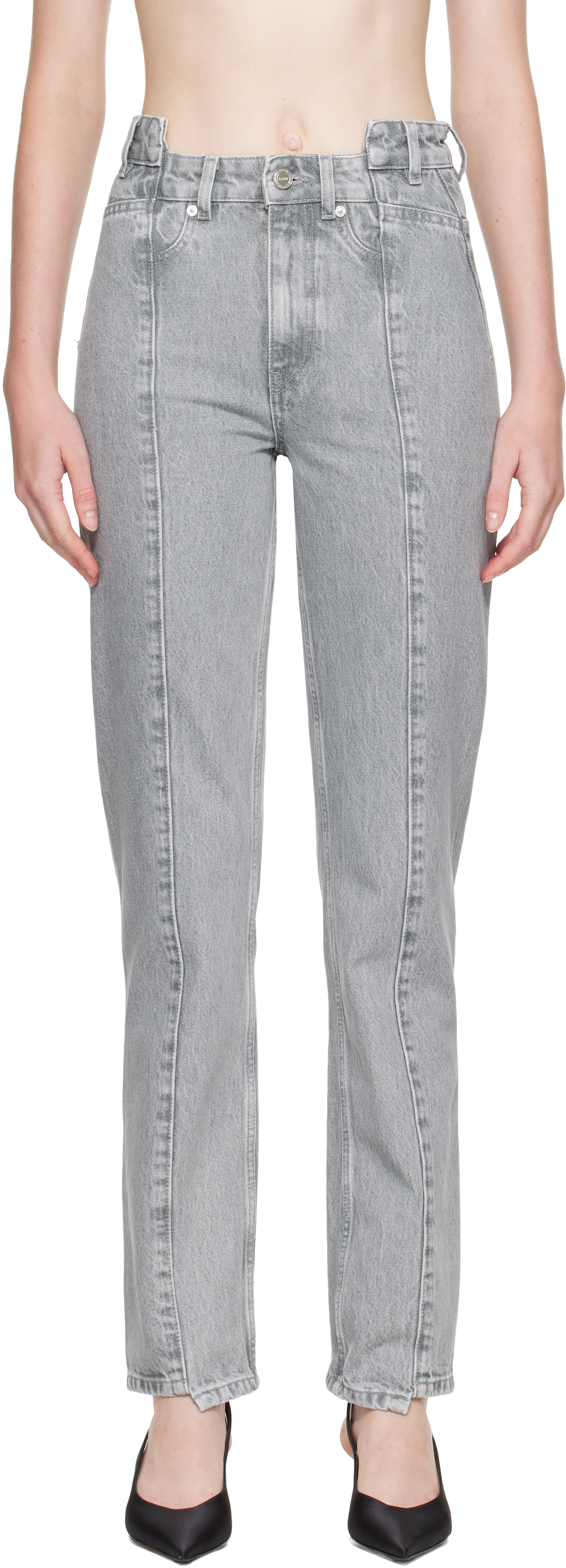 GANNI グレー デニムジャケット ボタン付き GANNI: Gray Rigid Denim Fold Jeans | SSENSE