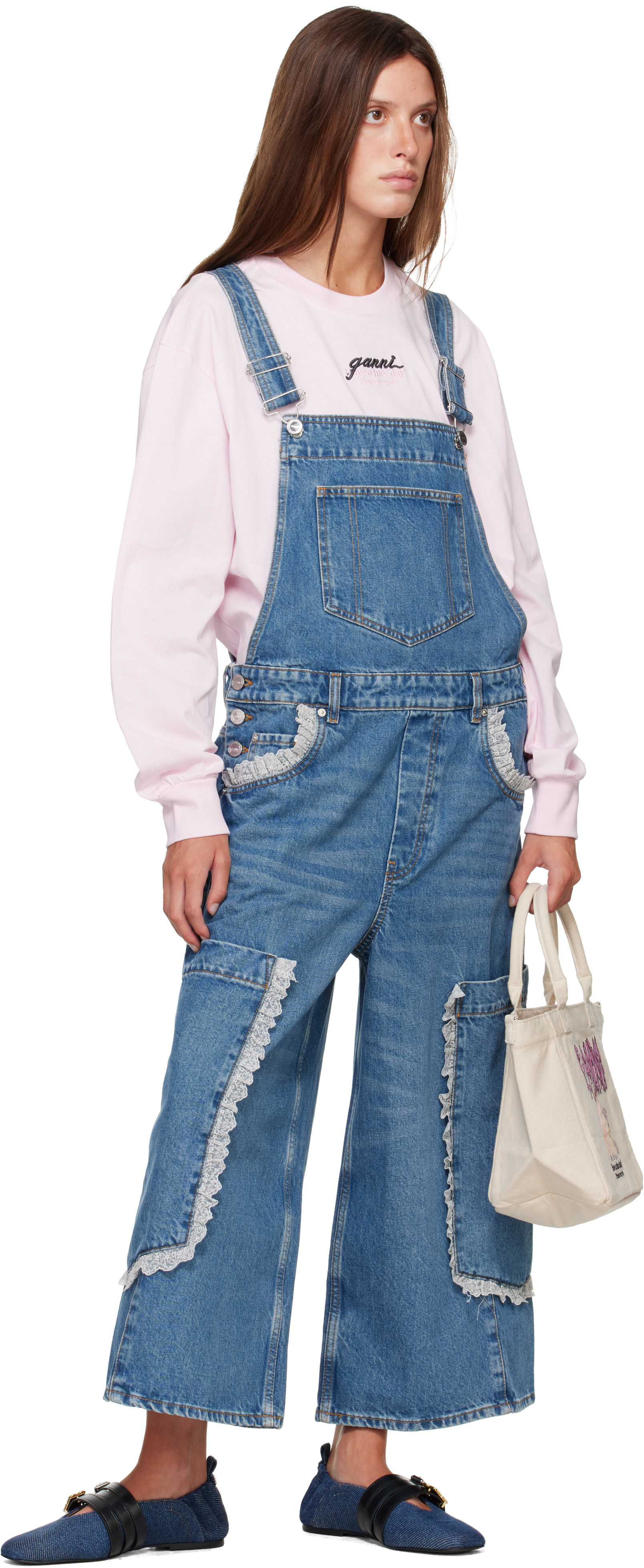 GANNI: Blue Cropped Lace Rigid Denim Overalls | SSENSE
