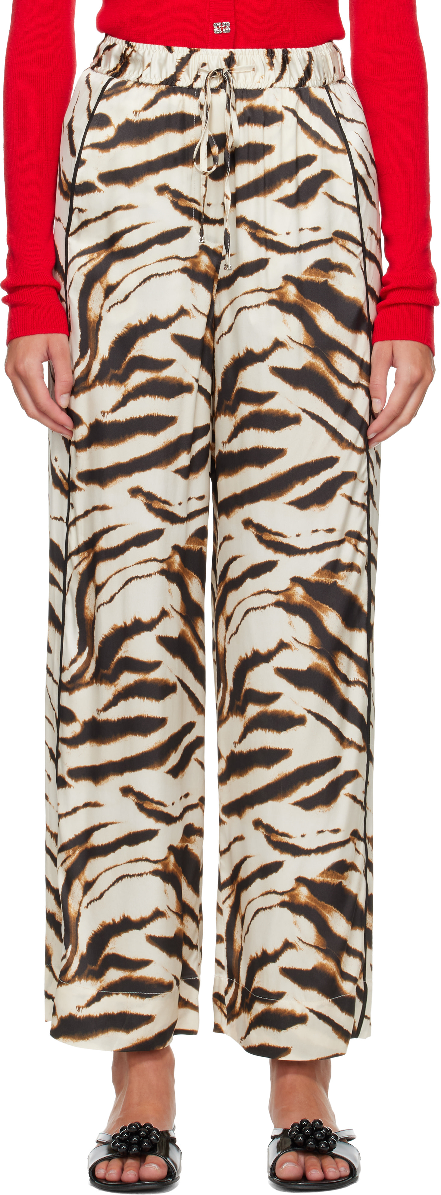 GANNI: Beige Zebra Satin Lounge Pants | SSENSE