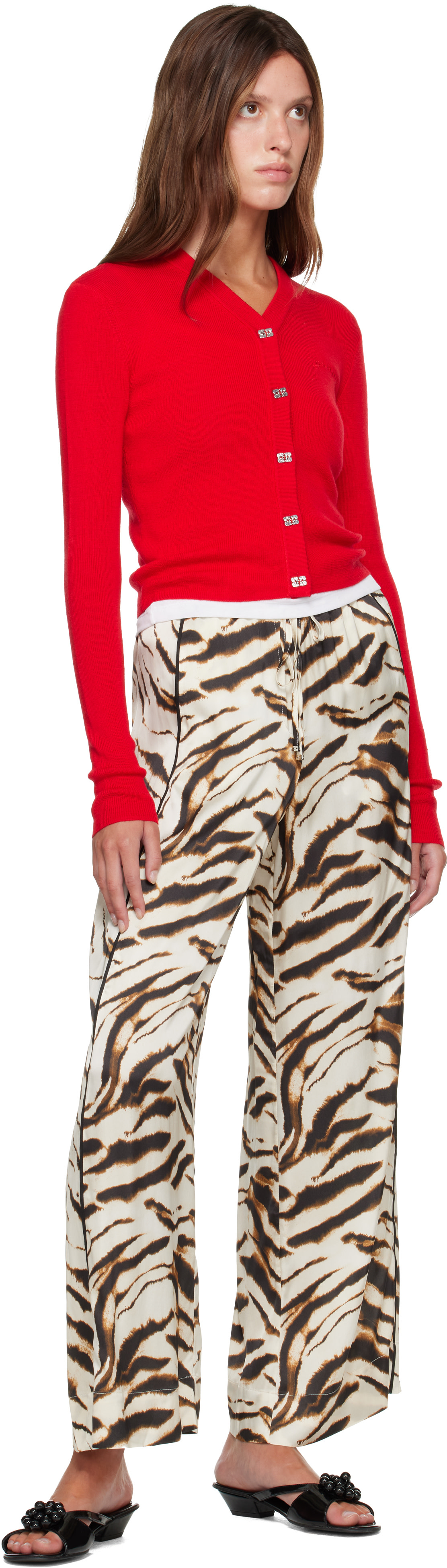GANNI: Beige Zebra Satin Lounge Pants | SSENSE