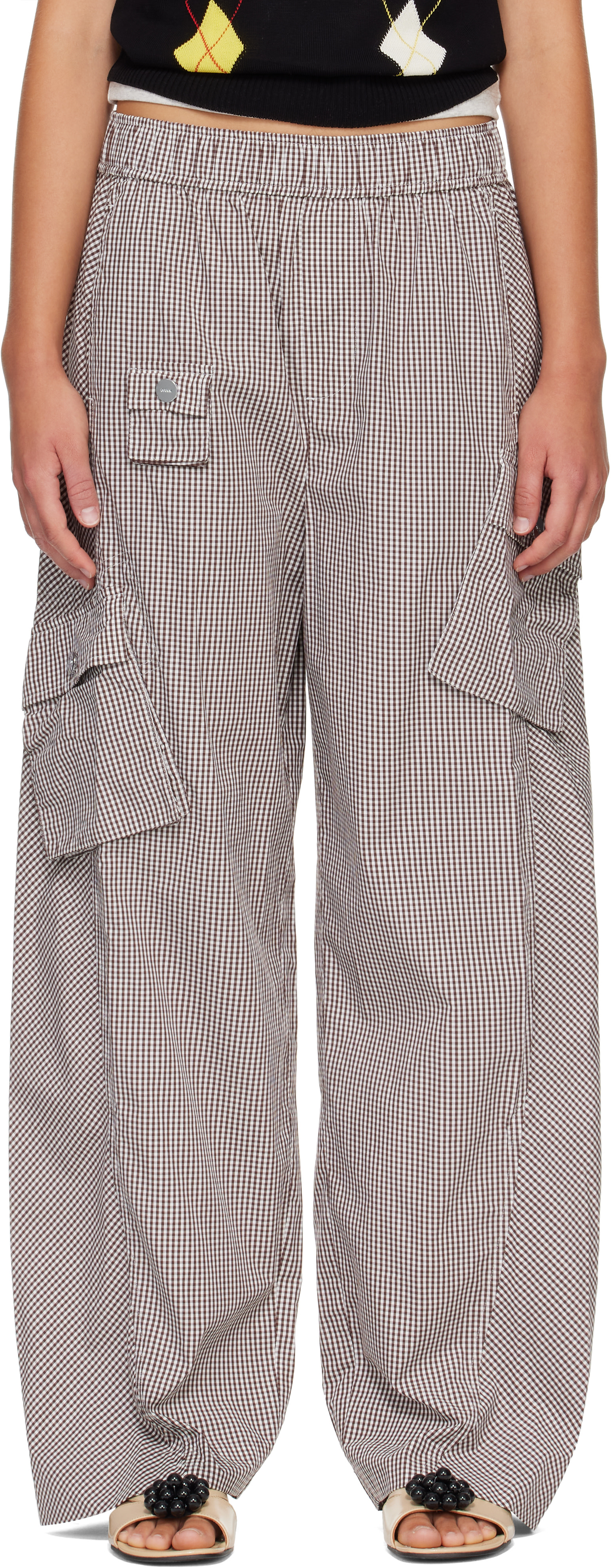 GANNI: Brown & White Check Cotton Cargo Pants | SSENSE