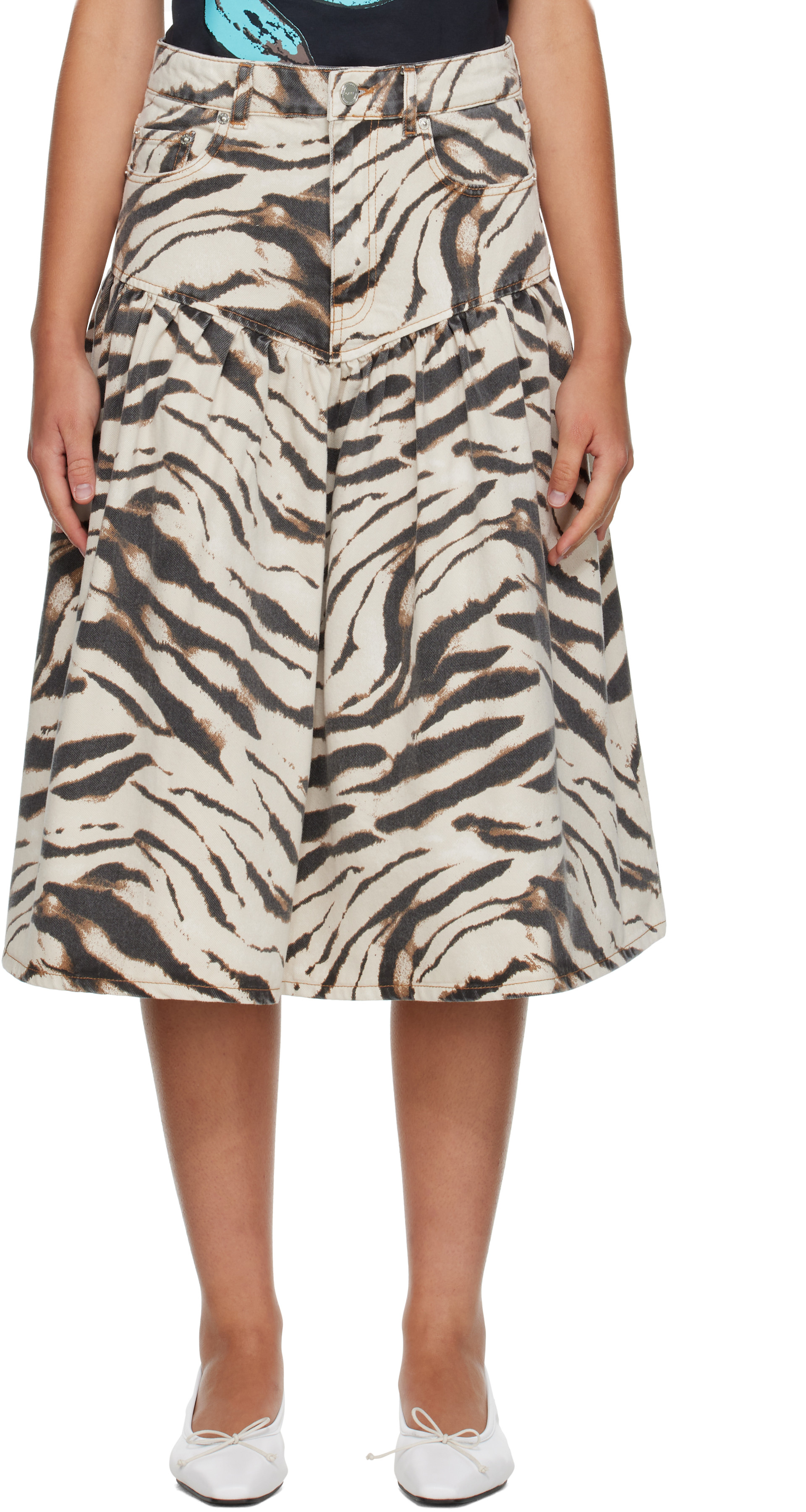 GANNI: Off-White & Brown Printed Denim Midi Skirt | SSENSE