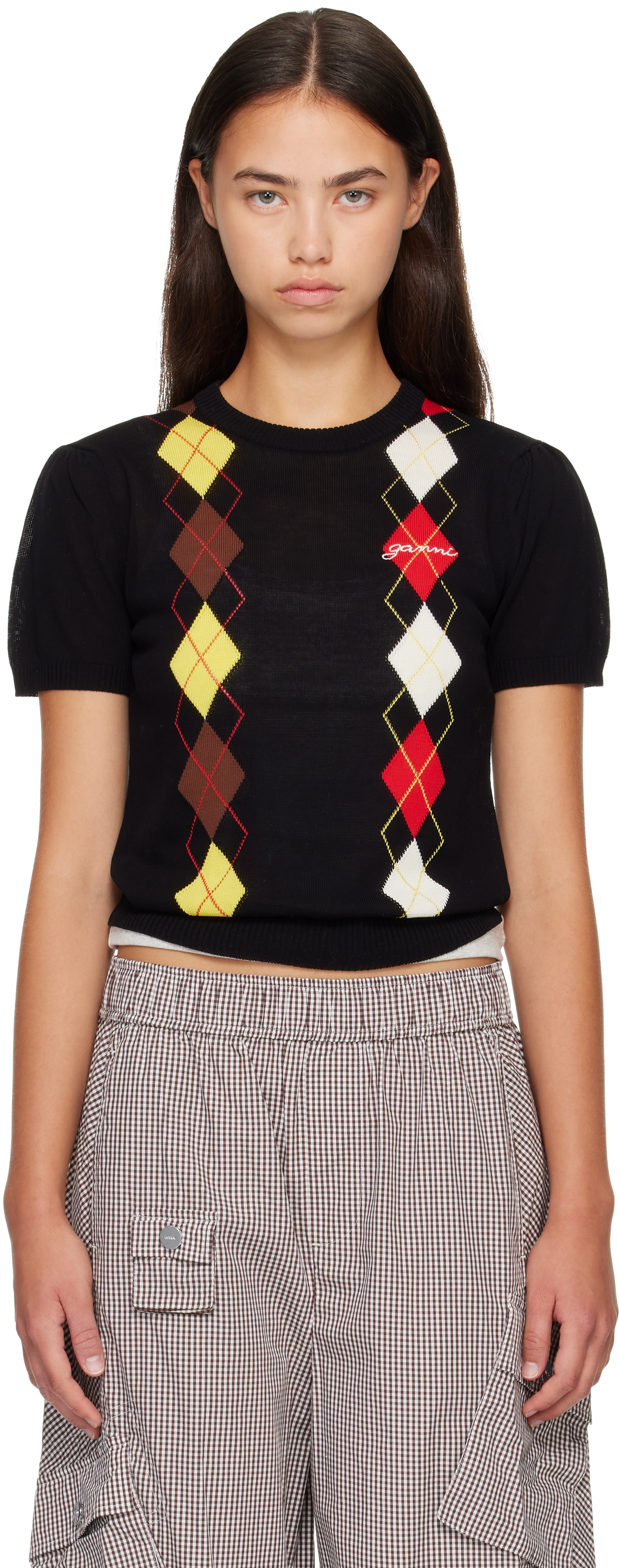 GANNI - Pull noir à motif argyle