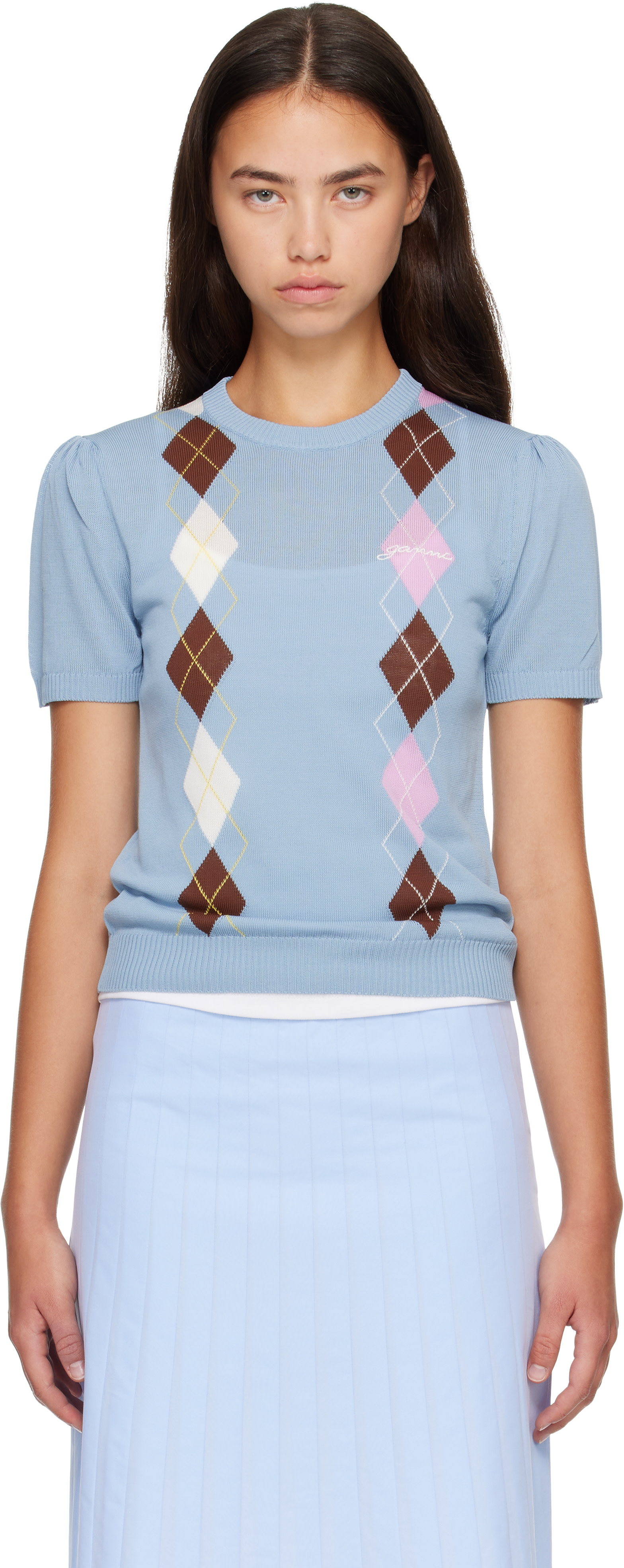 GANNI - Pull bleu à motif argyle