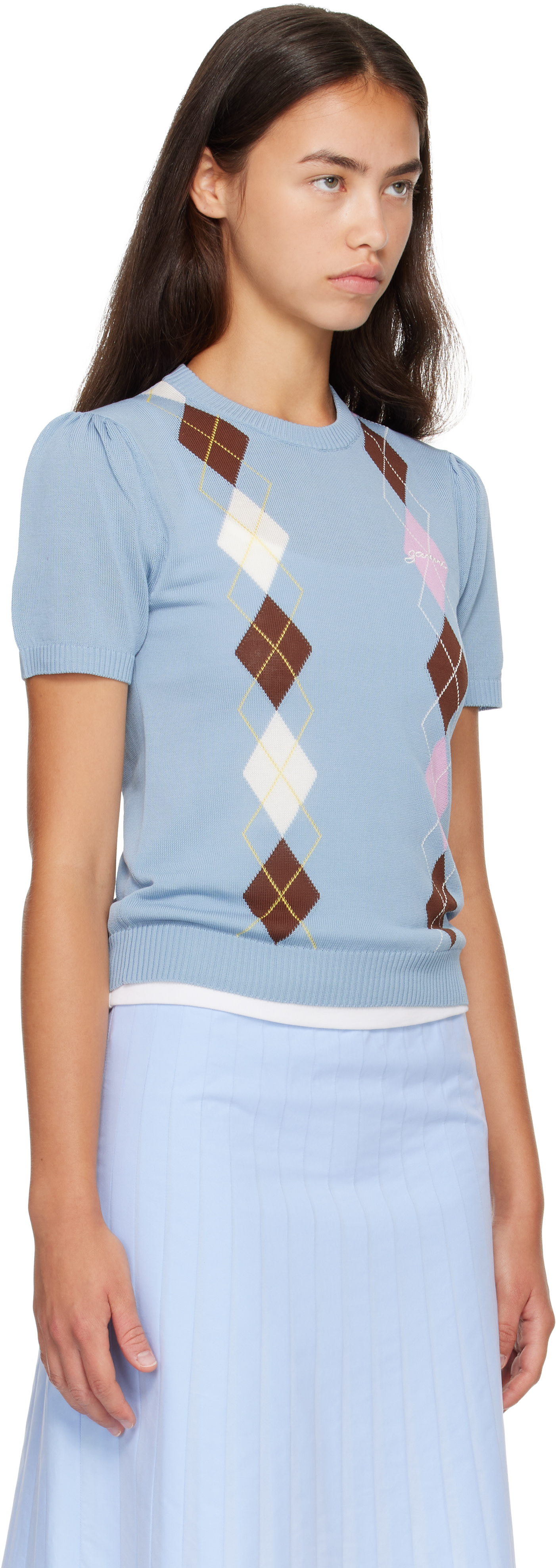 GANNI - Pull bleu à motif argyle