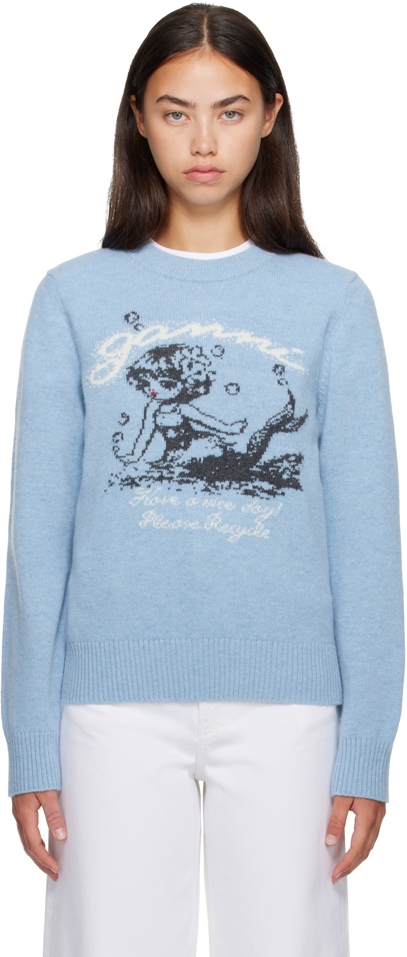 GANNI - Pull bleu en laine à image de sirène