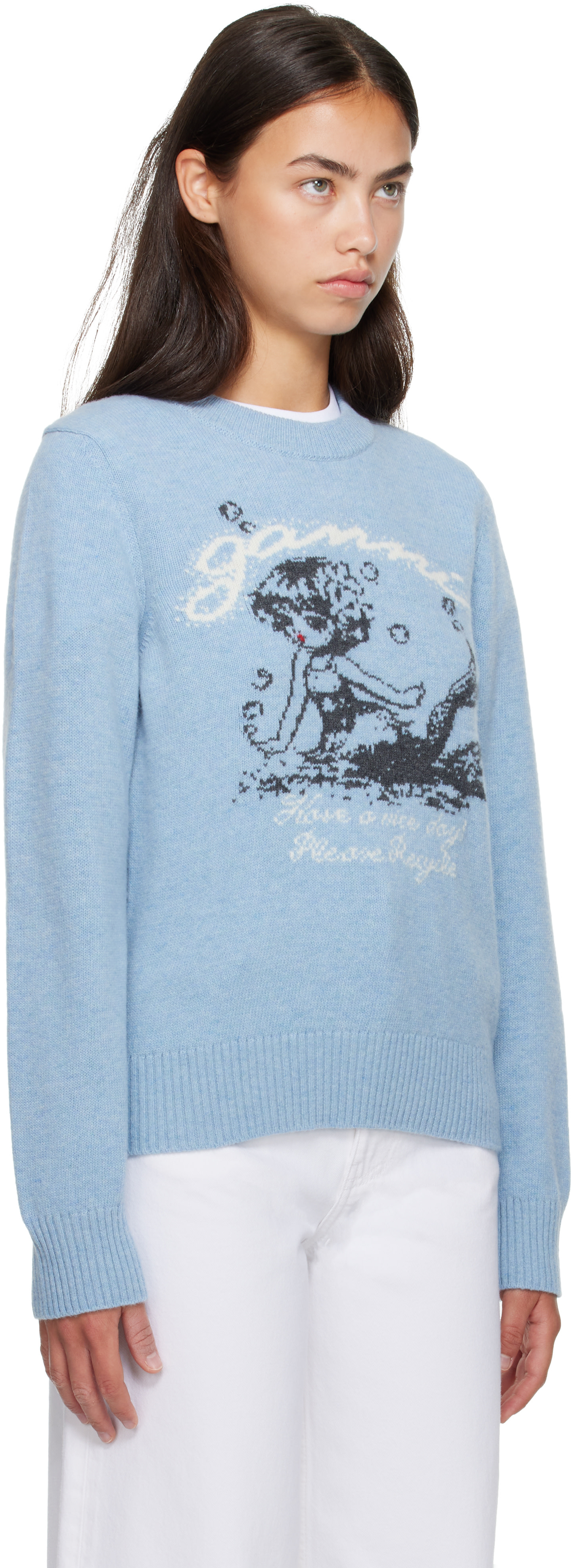 GANNI - Pull bleu en laine à image de sirène