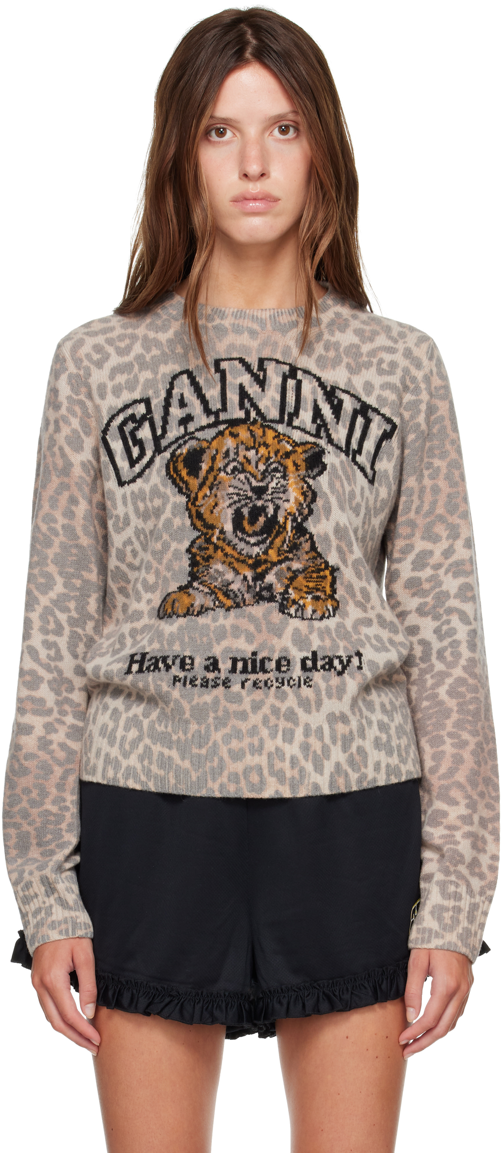 GANNI - Pull beige à image de tigre