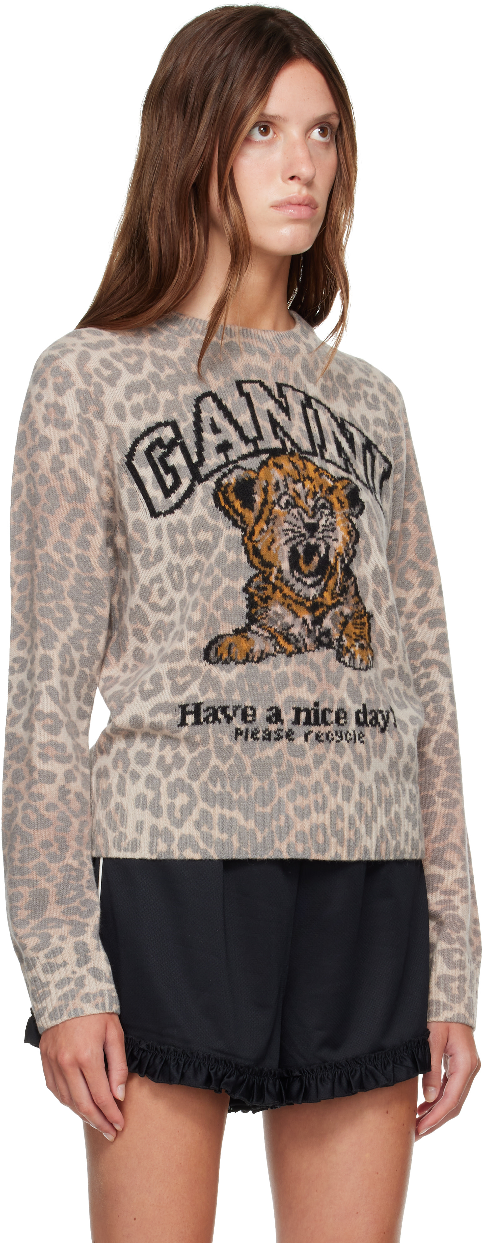 GANNI - Pull beige à image de tigre