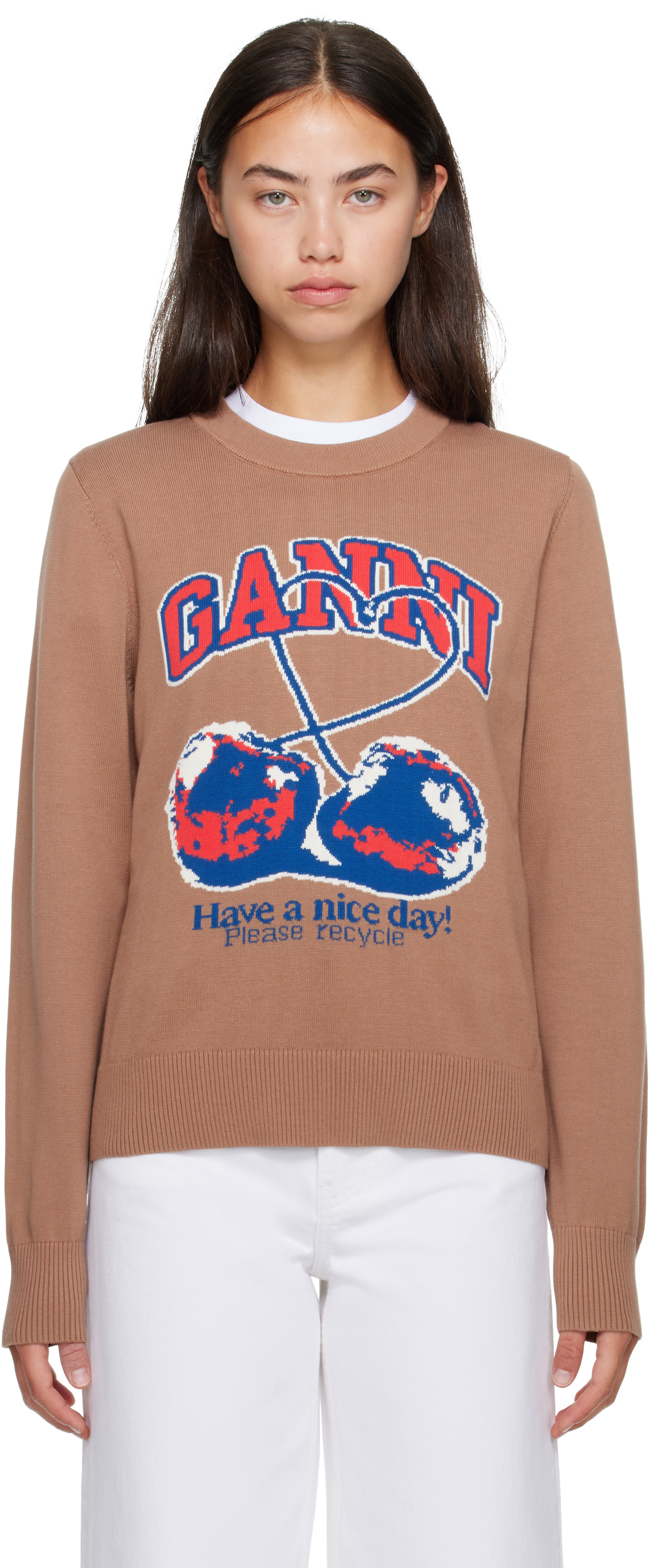 GANNI - Pull brun clair à image de cerises