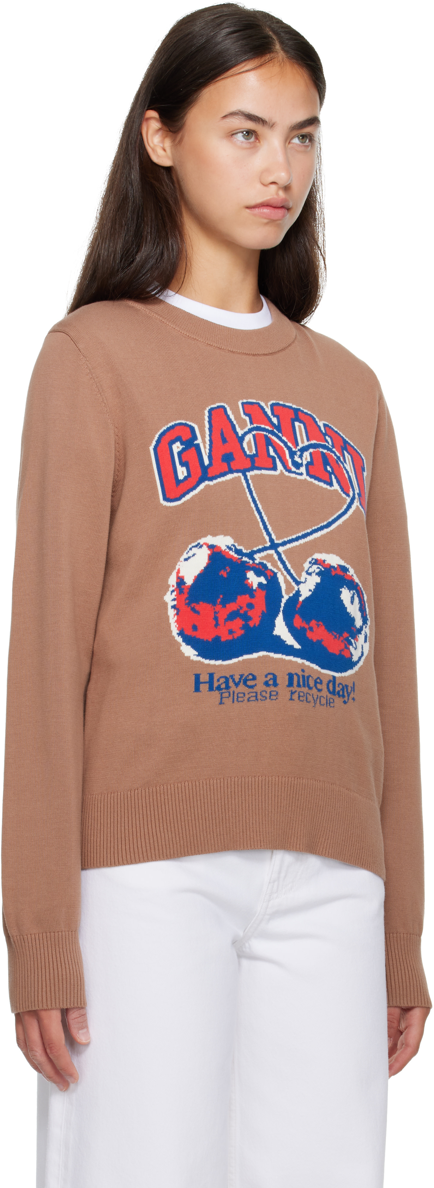 GANNI - Pull brun clair à image de cerises