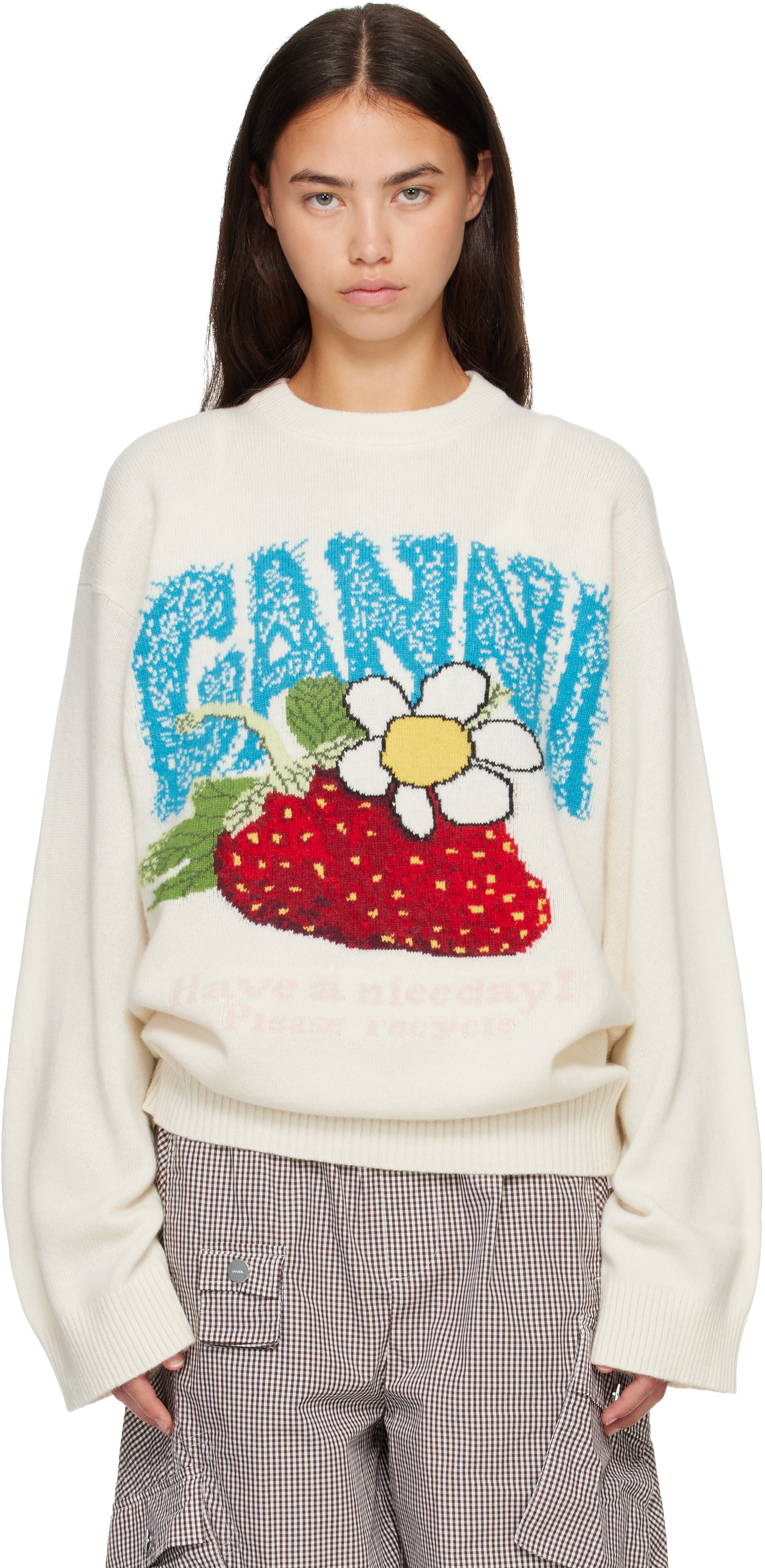 GANNI: Off-White Oversized Strawberry Sweater | SSENSE
