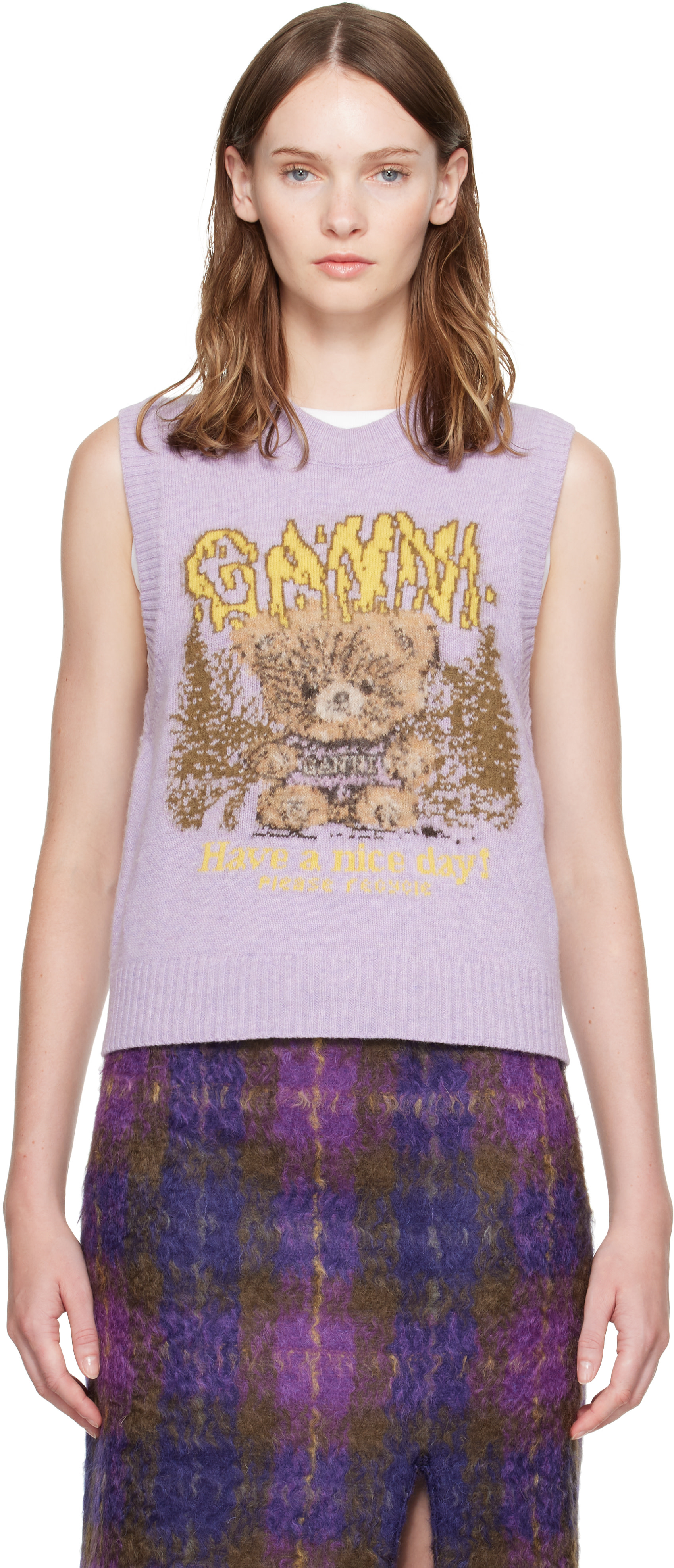 GANNI: Purple Forest Teddy Sweater Vest | SSENSE
