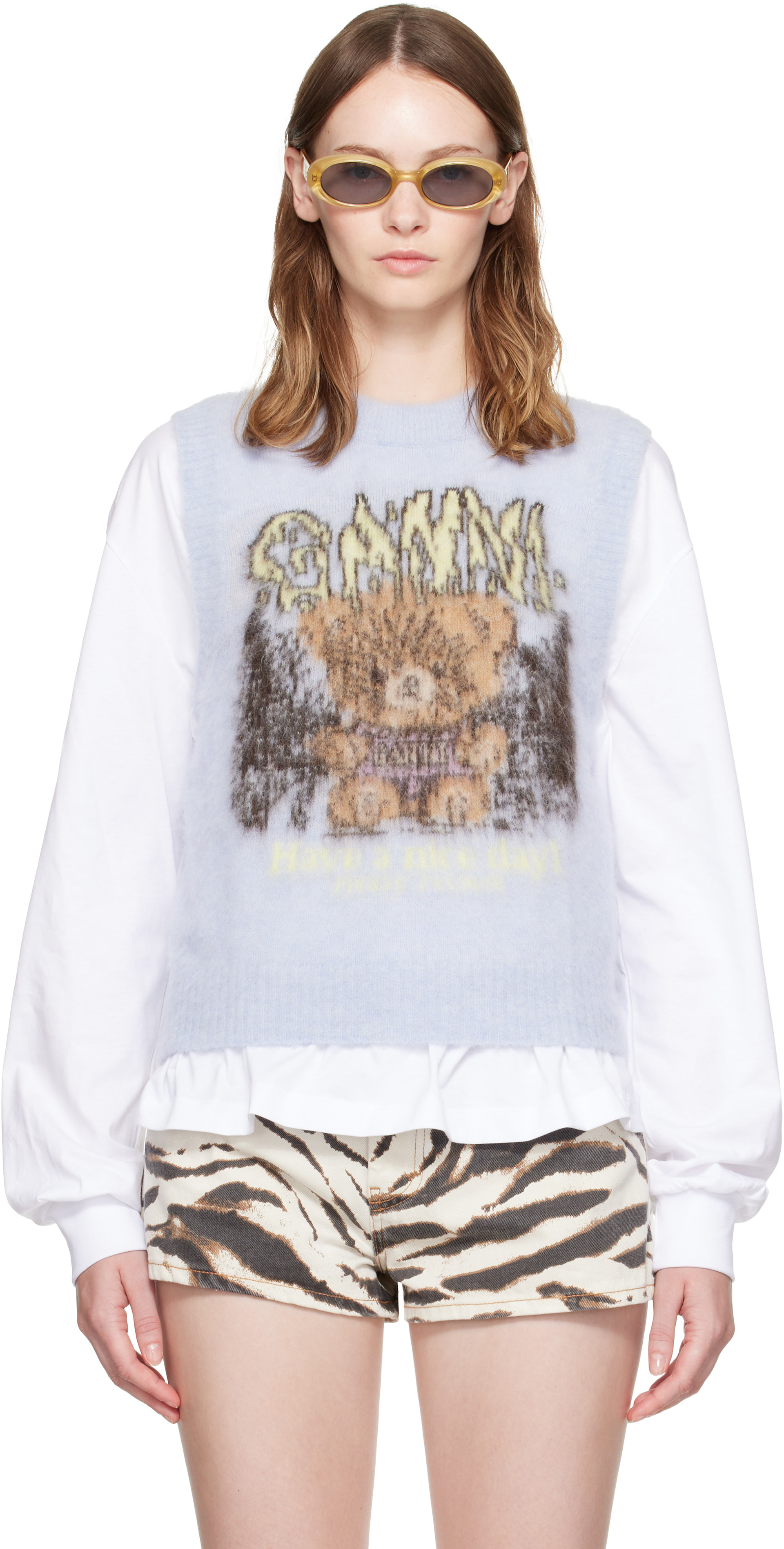GANNI: ブルー Brushed Alpaca Forest Teddy ニットベスト | SSENSE 日本