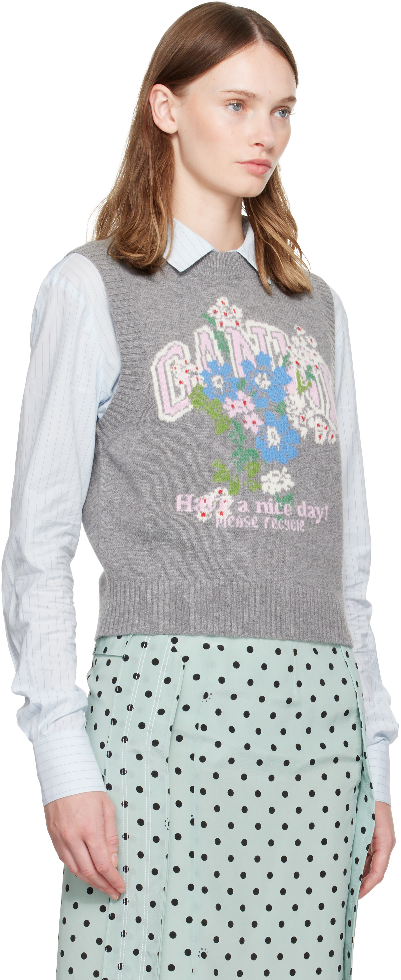 GANNI グレー ロゴ刺繍 ニットベスト GANNI: グレー Flowers ニットベスト | SSENSE 日本