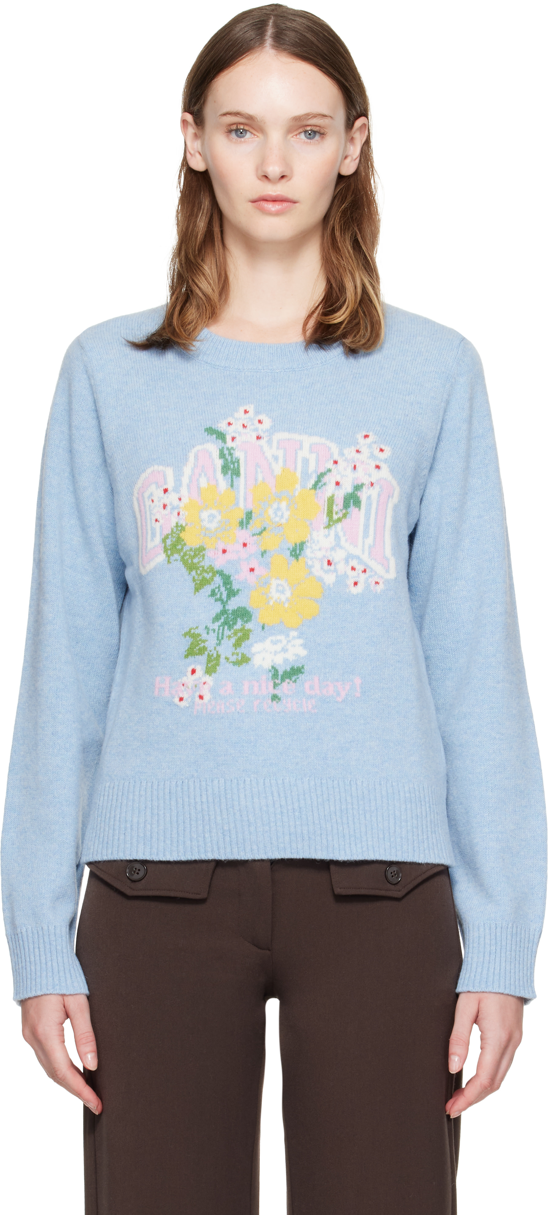 GANNI - Pull bleu à image à logo florale