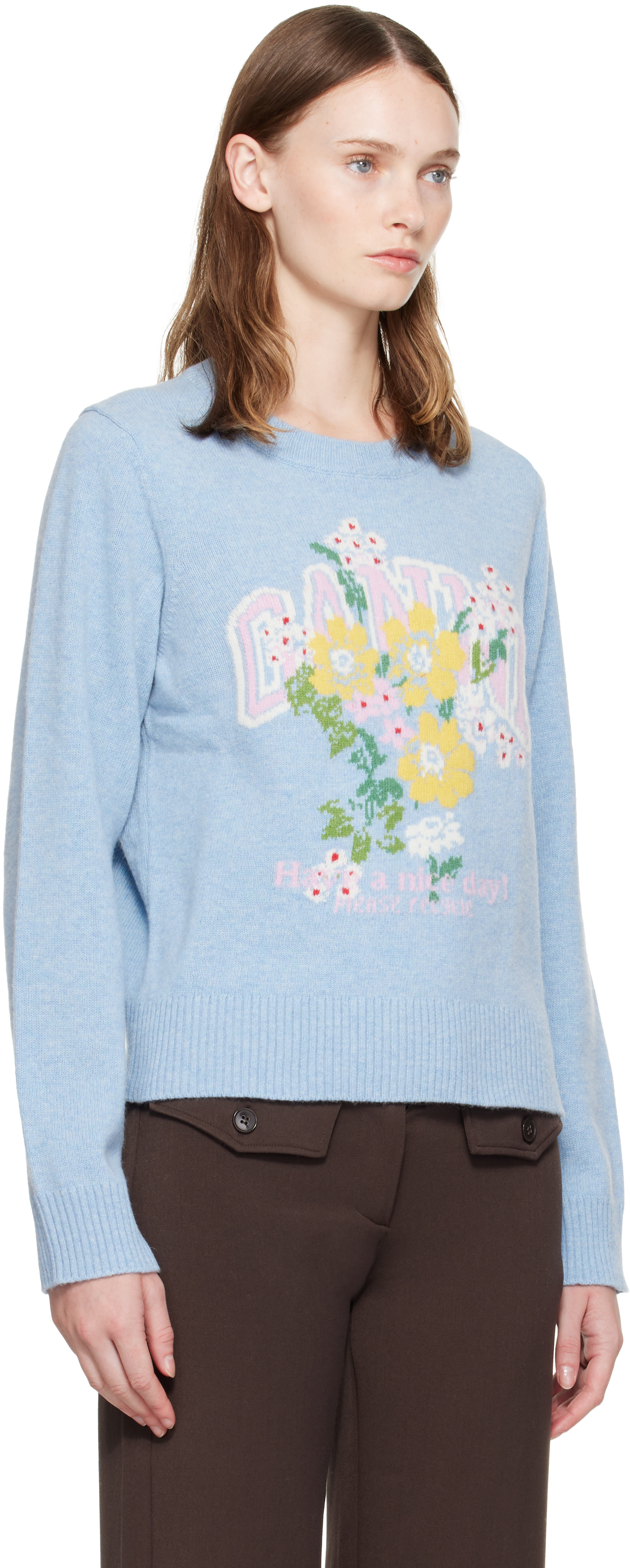 GANNI - Pull bleu à image à logo florale