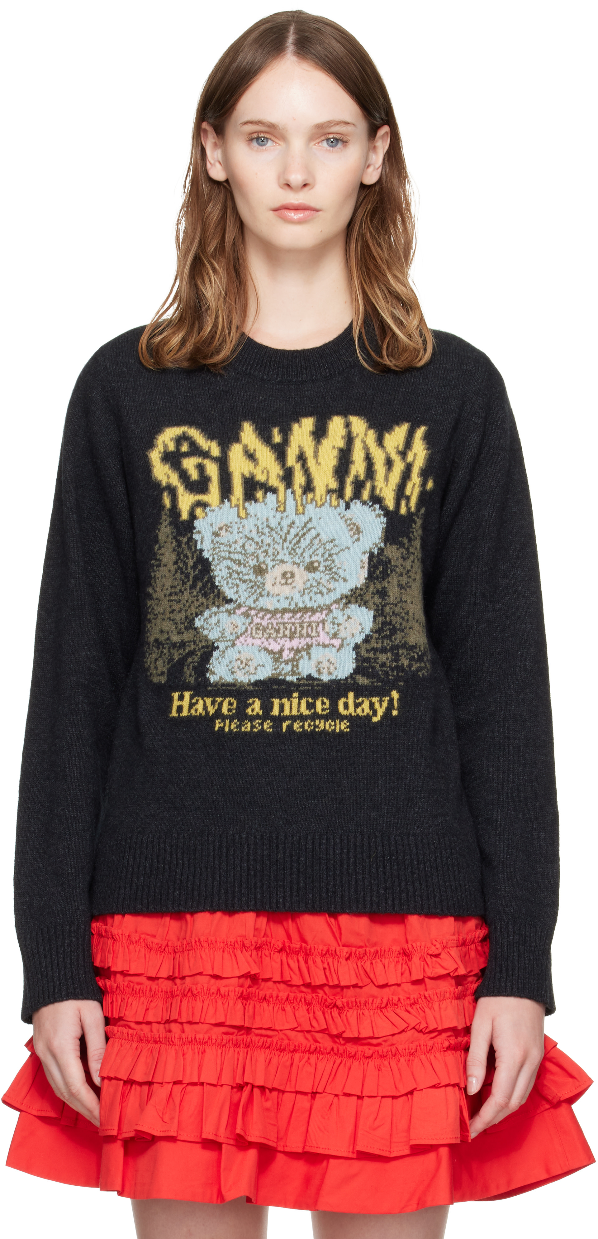 GANNI - Pull noir en laine à image à logo