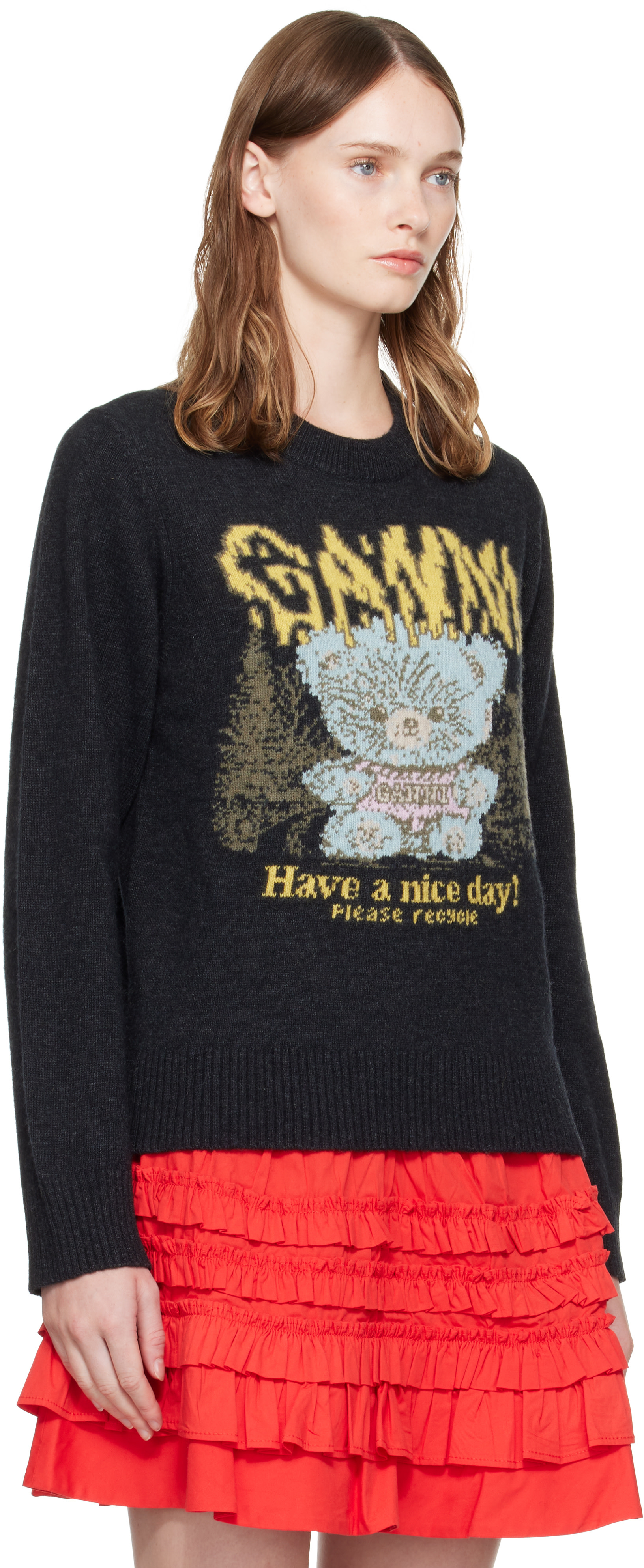 GANNI - Pull noir en laine à image à logo