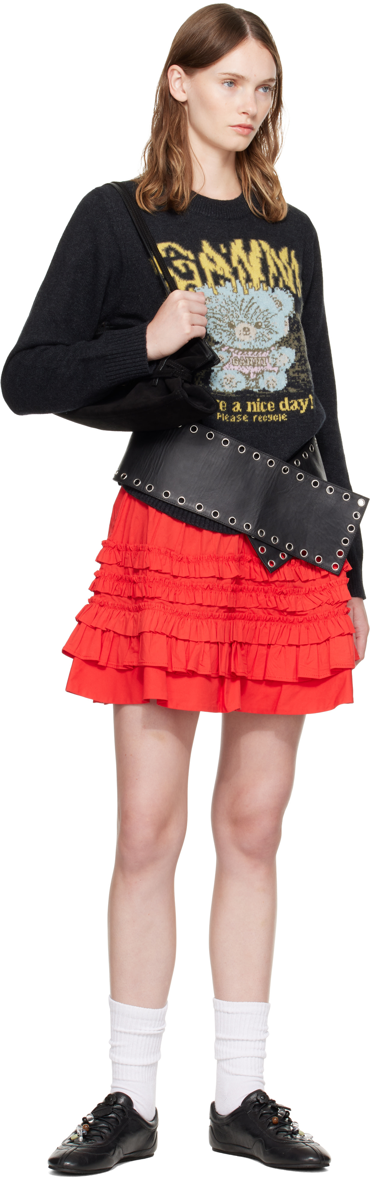 GANNI - Pull noir en laine à image à logo