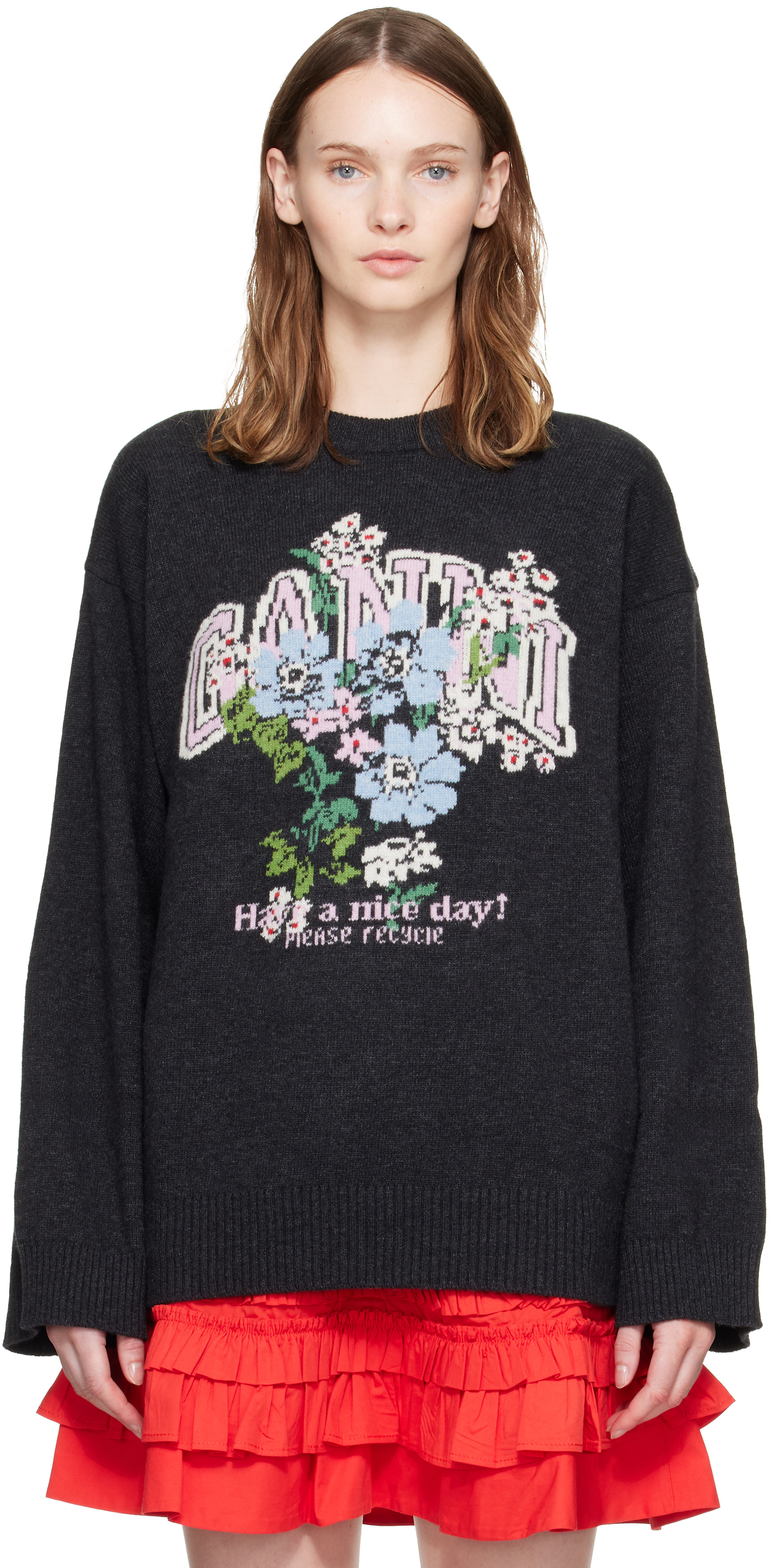 GANNI: Black Wool Flowers Oversized Sweater | SSENSE