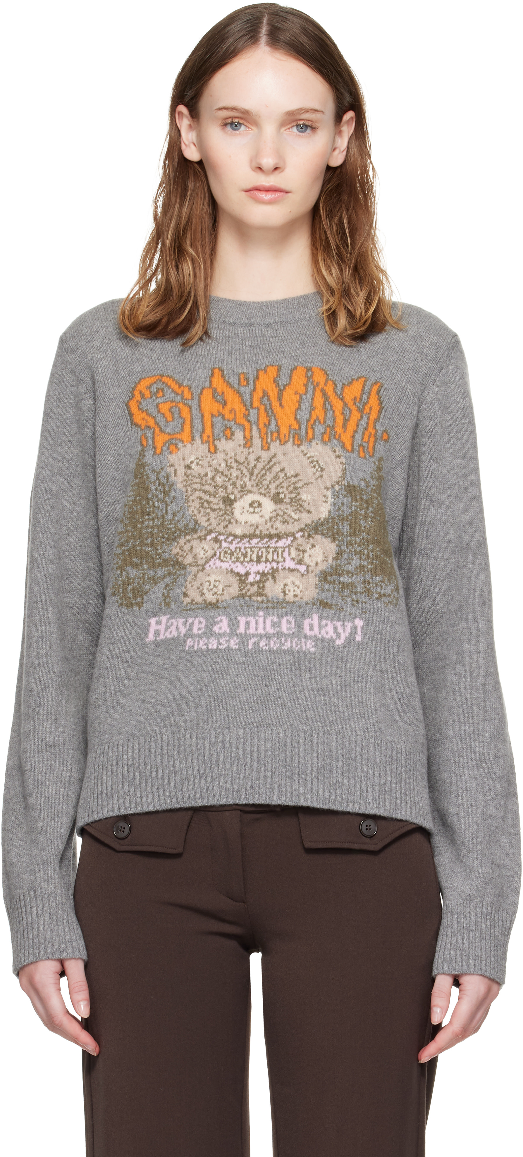 GANNI - Pull gris en laine à image à logo