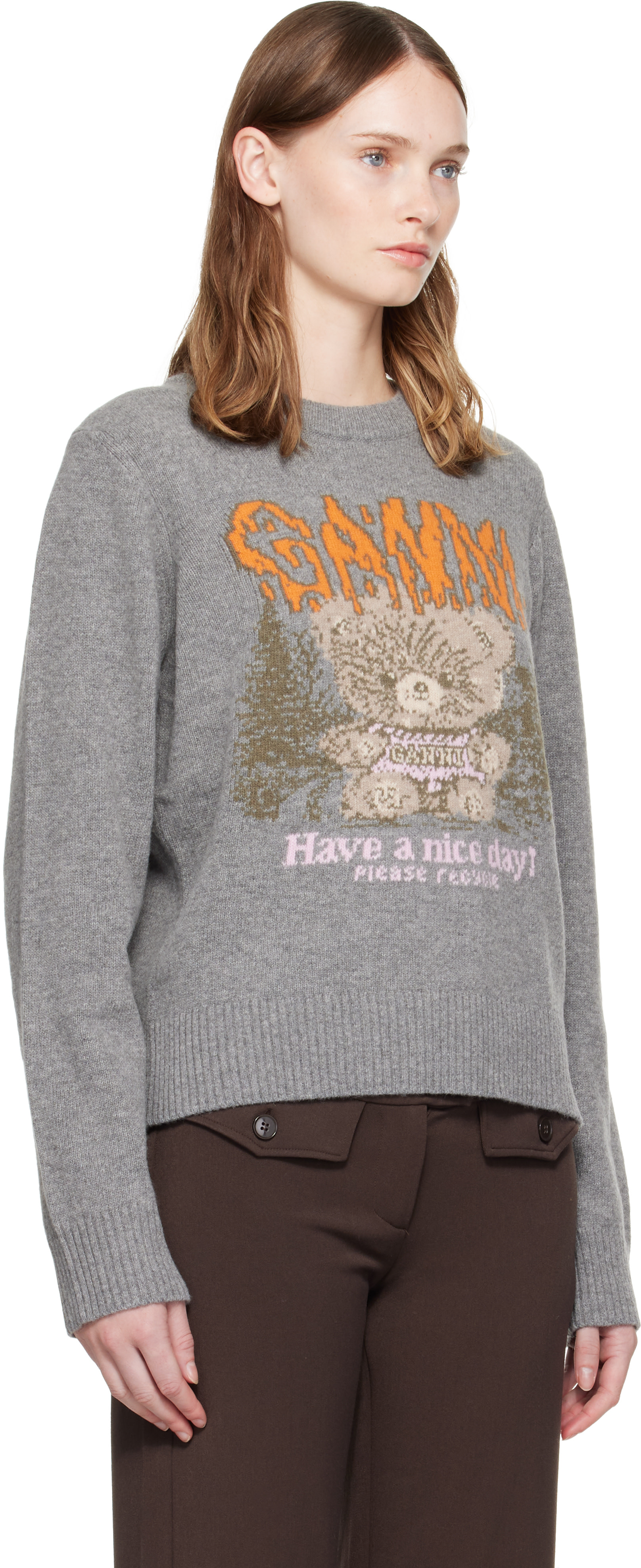 GANNI - Pull gris en laine à image à logo