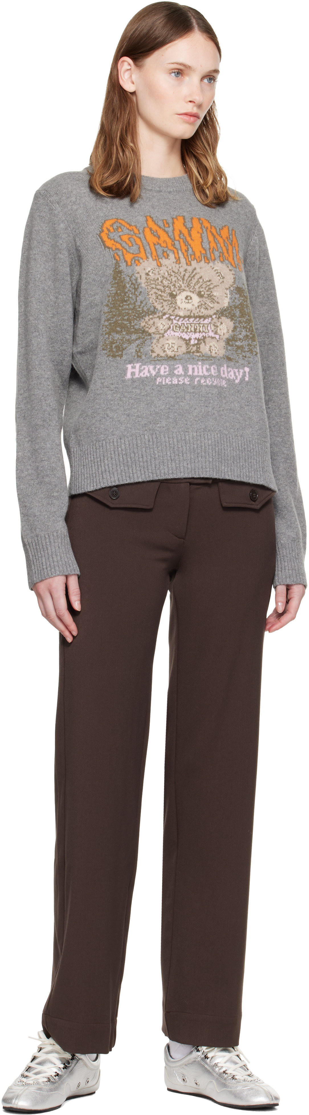 GANNI - Pull gris en laine à image à logo
