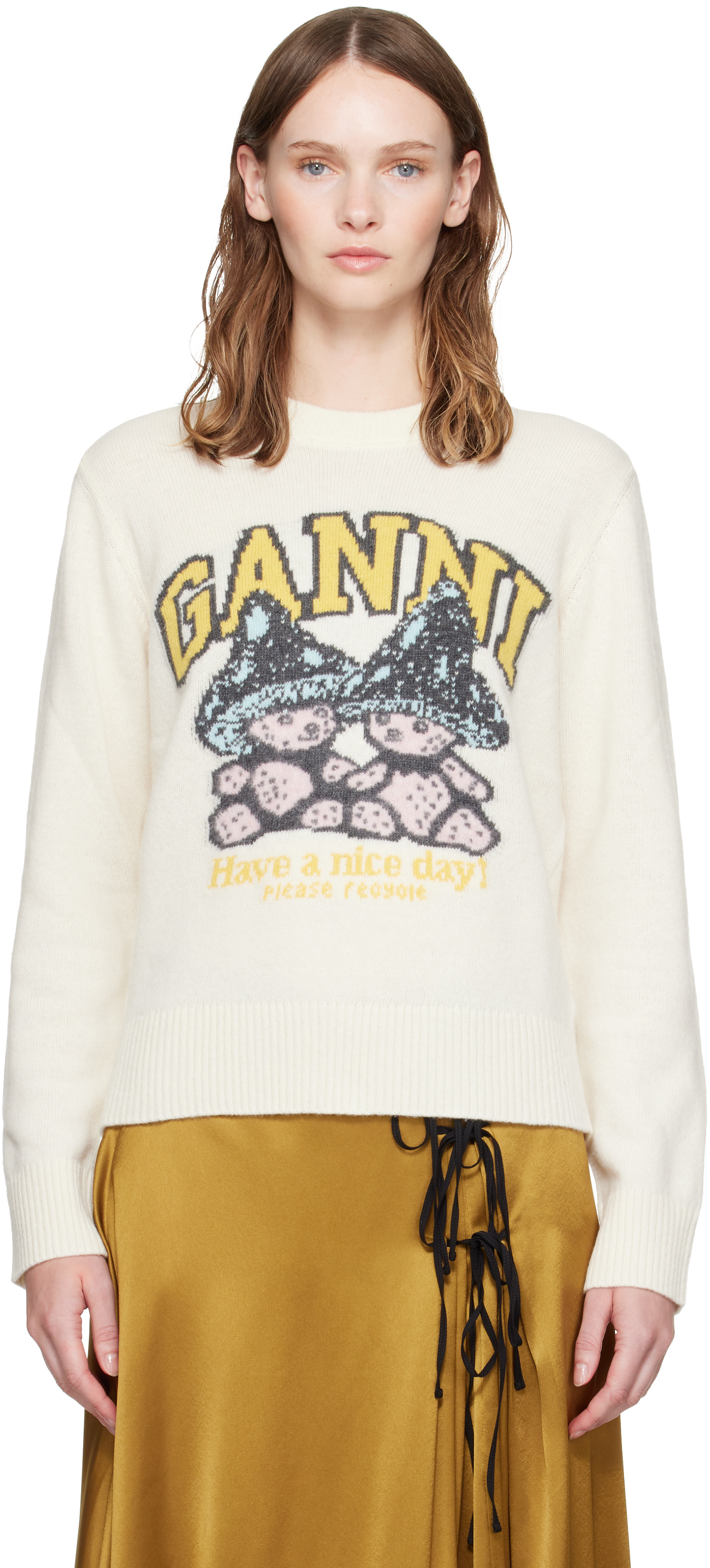 GANNI - Pull blanc cassé en laine à image à logo