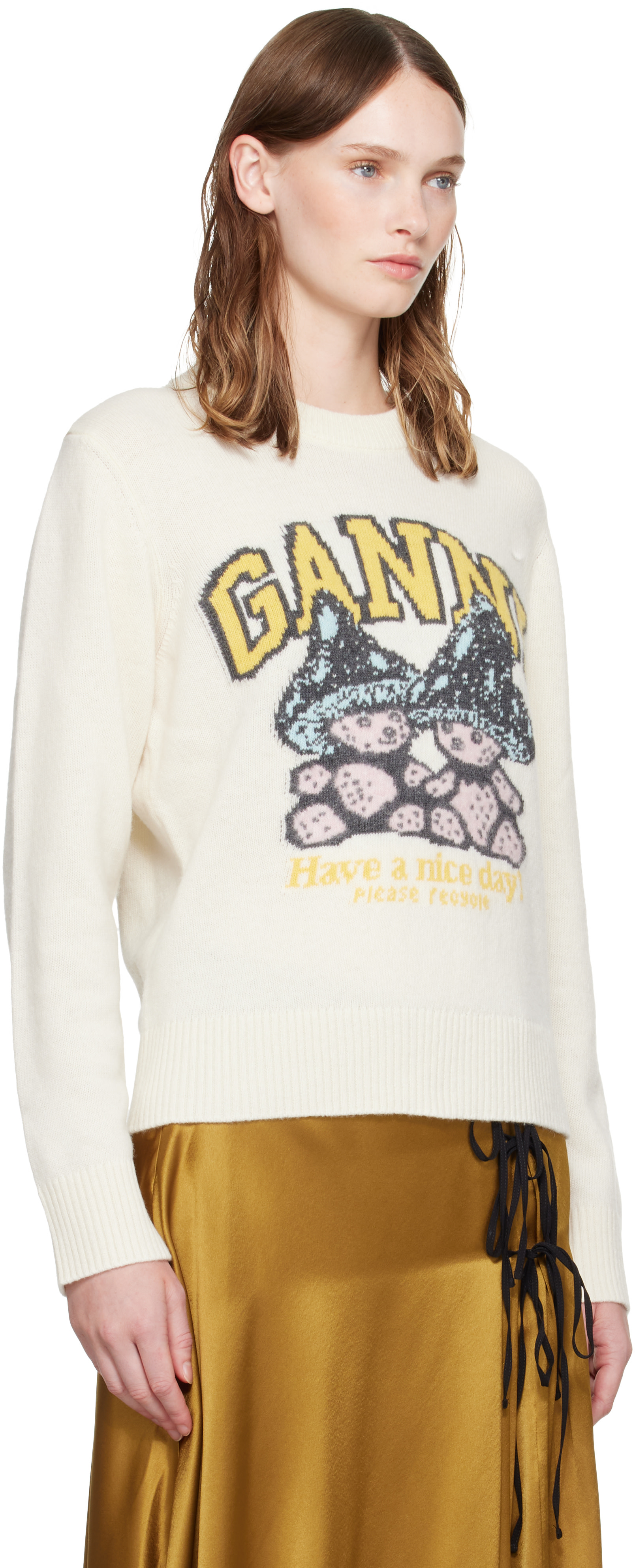 GANNI - Pull blanc cassé en laine à image à logo