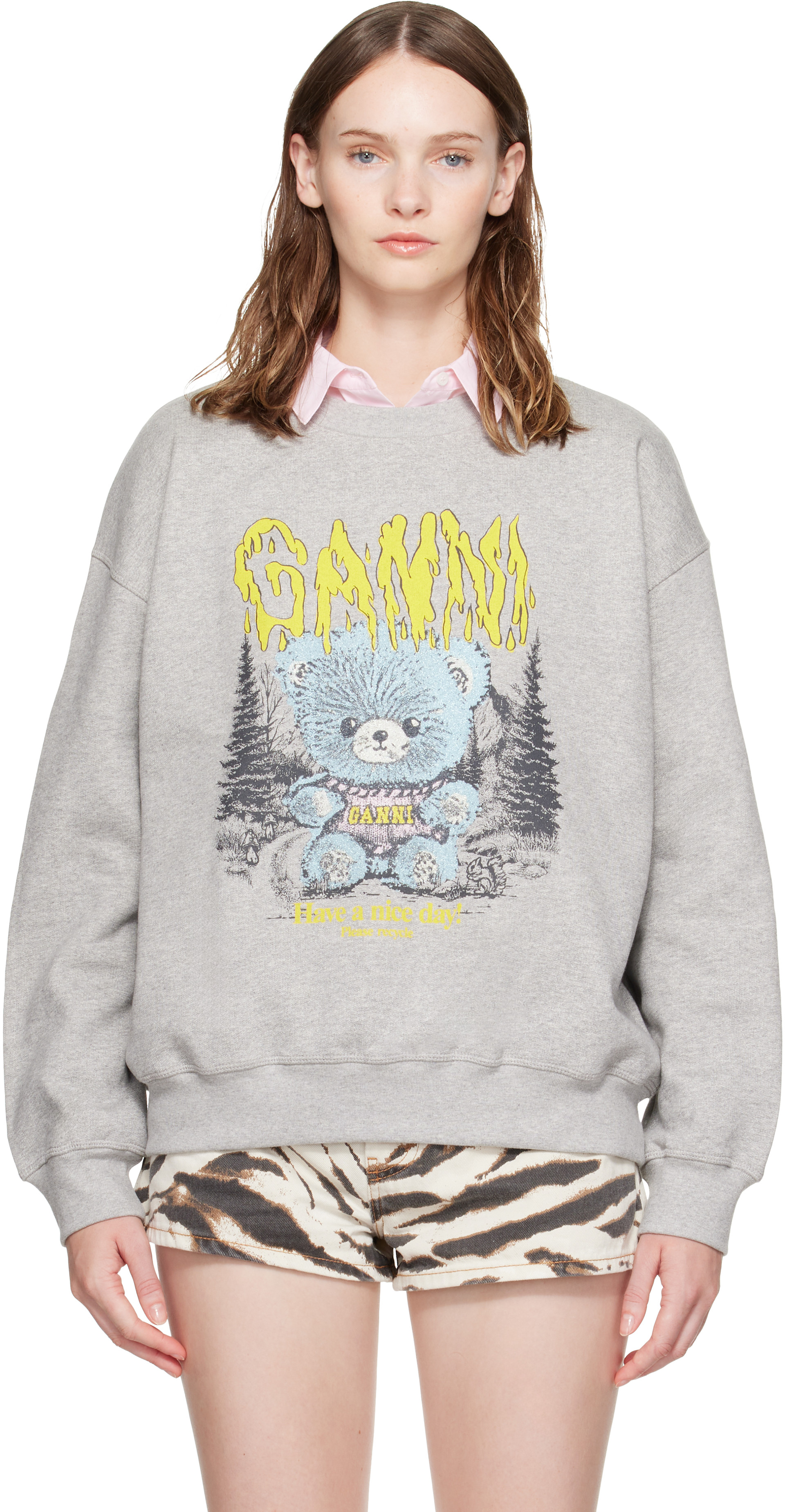 GANNI - Pull molletonné gris à image à logo