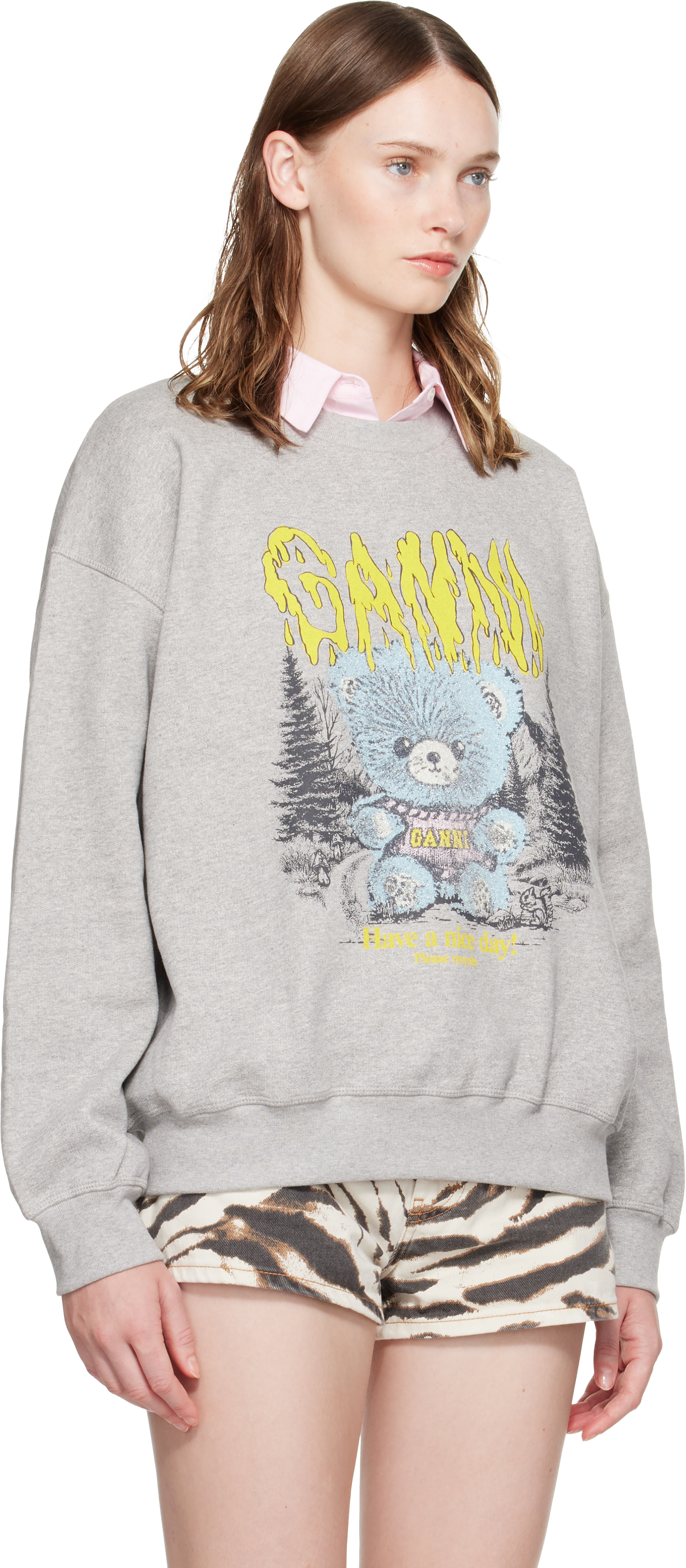 GANNI - Pull molletonné gris à image à logo