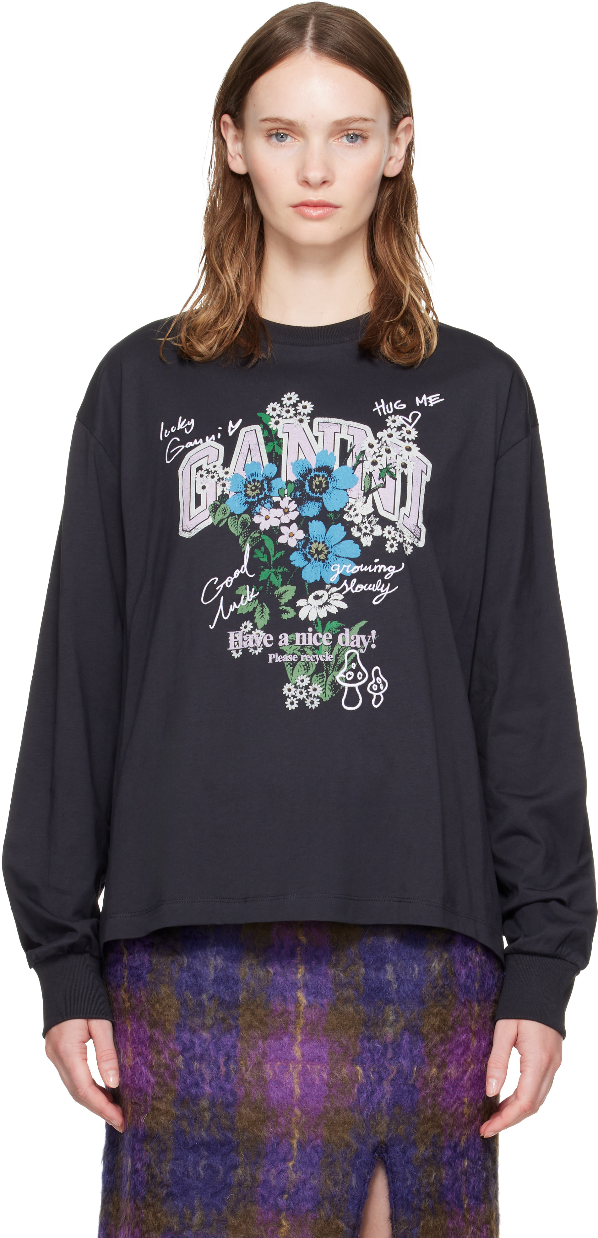 GANNI: ブラック Flowers 長袖Tシャツ | SSENSE 日本