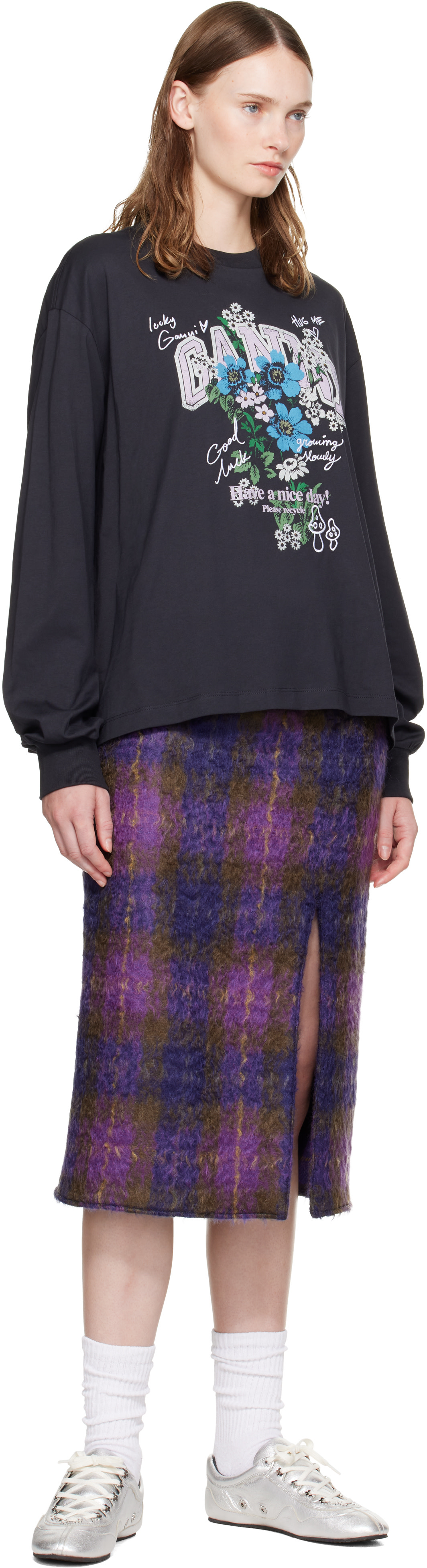 GANNI: Black Flowers Long Sleeve T-shirt | SSENSE