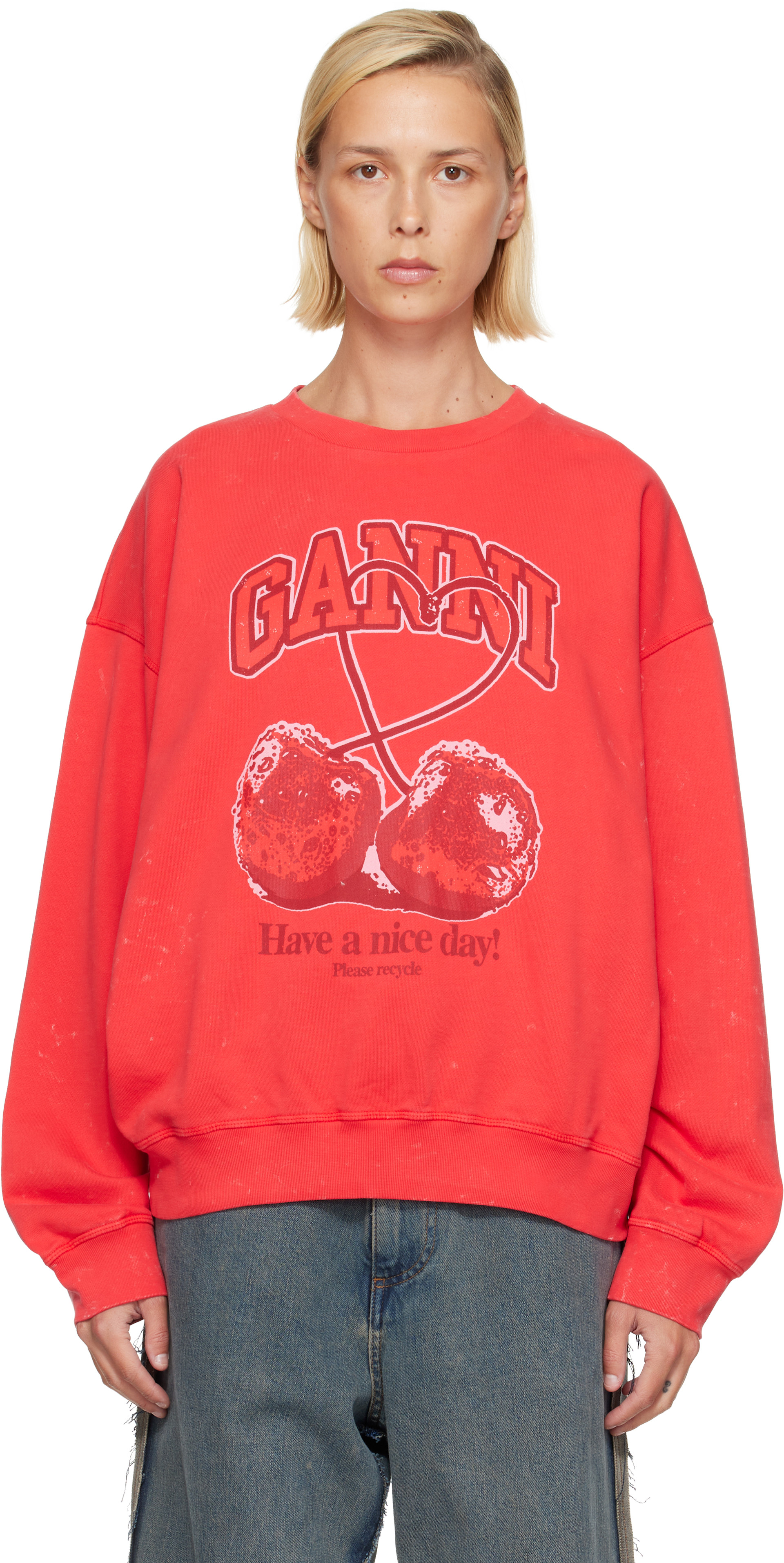 GANNI: Red Cherry Crewneck Sweatshirt | SSENSE