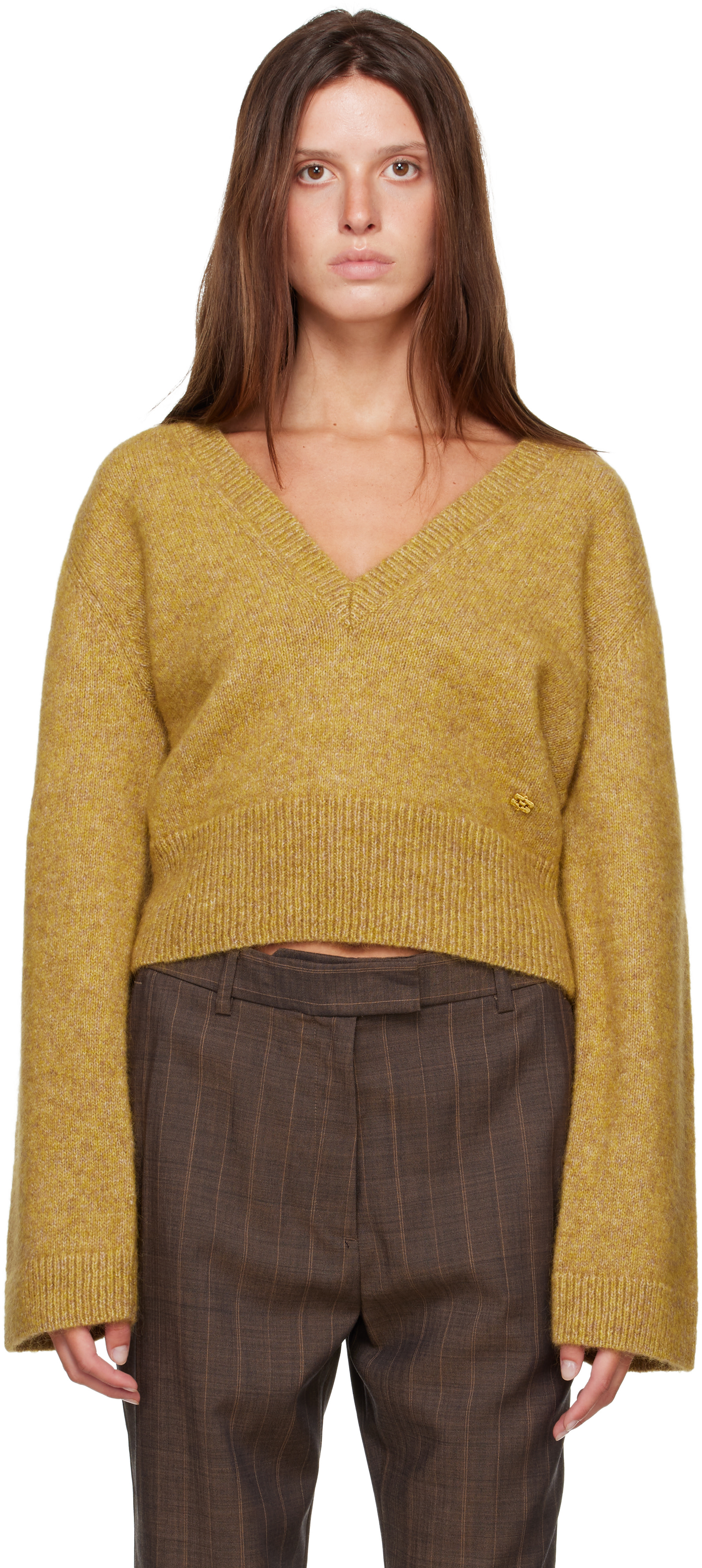 GANNI(ガニー) 七分袖セーター サイズS レディース - イエロー GANNI: Yellow Melange Mohair Deep V-Neck Sweater | SSENSE