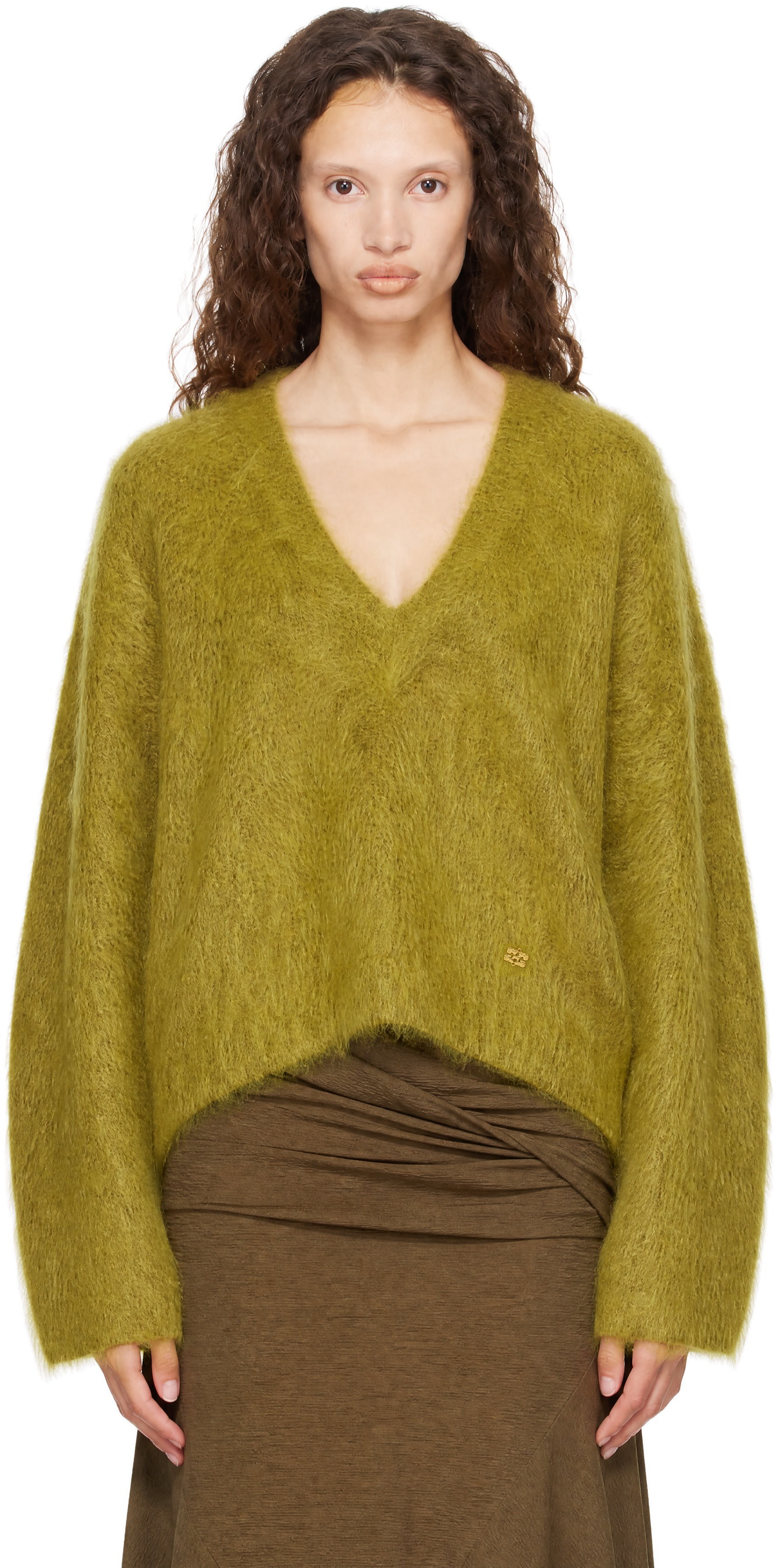 GANNI - Pull vert en tricot brossé de mohair