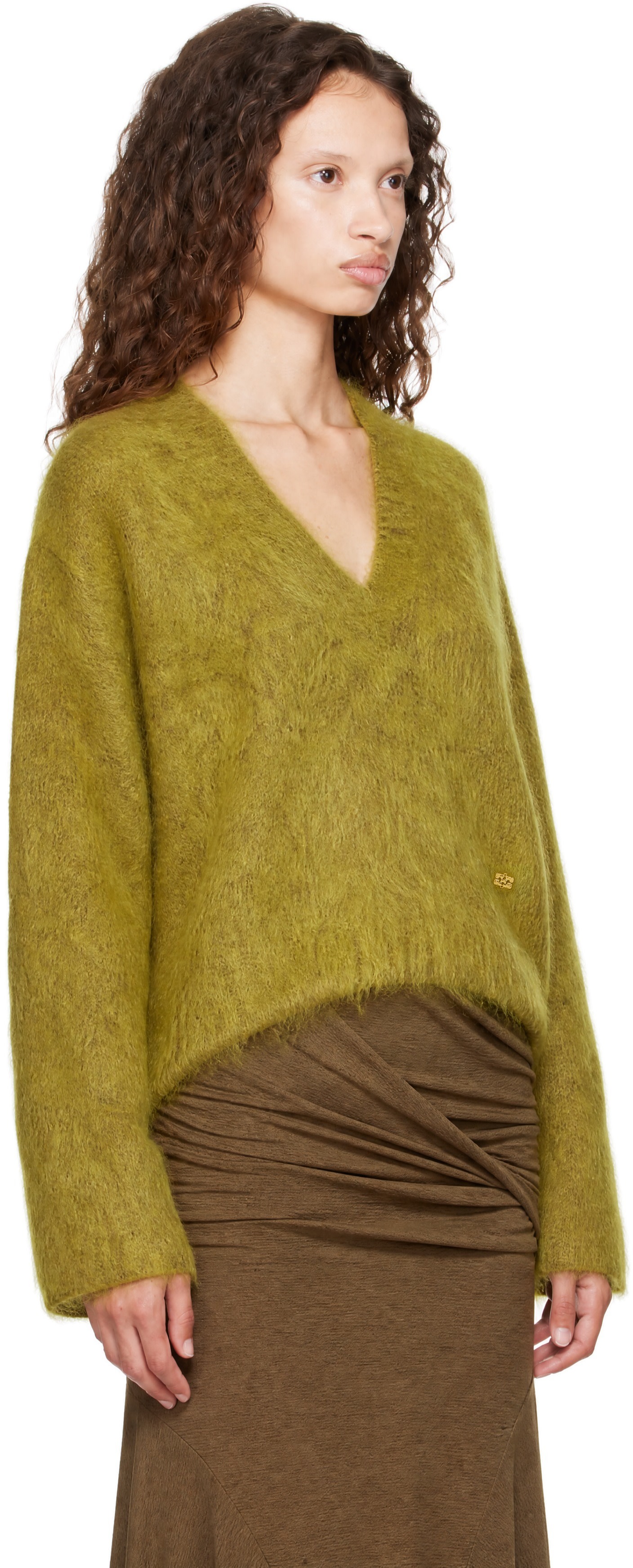 GANNI - Pull vert en tricot brossé de mohair