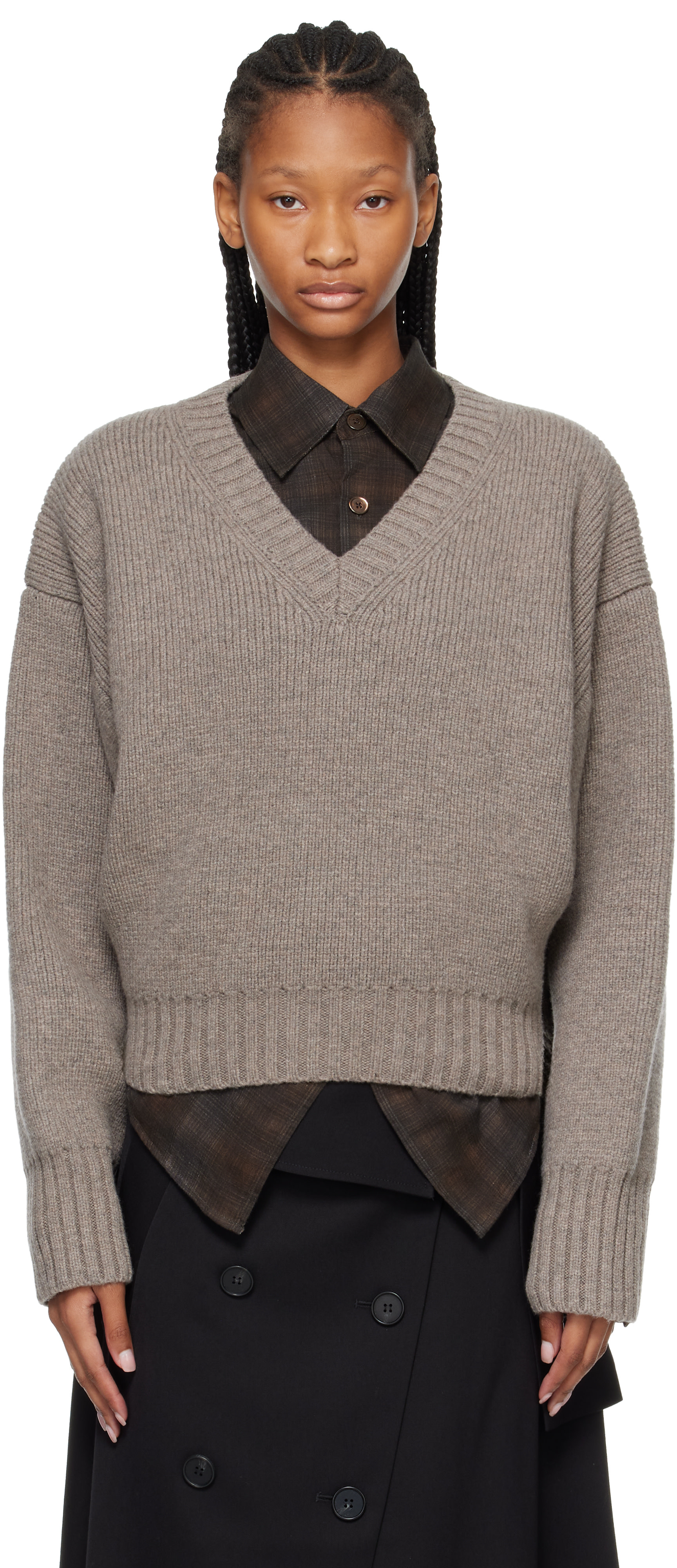 Róhe - Pull sculptural taupe à col en V