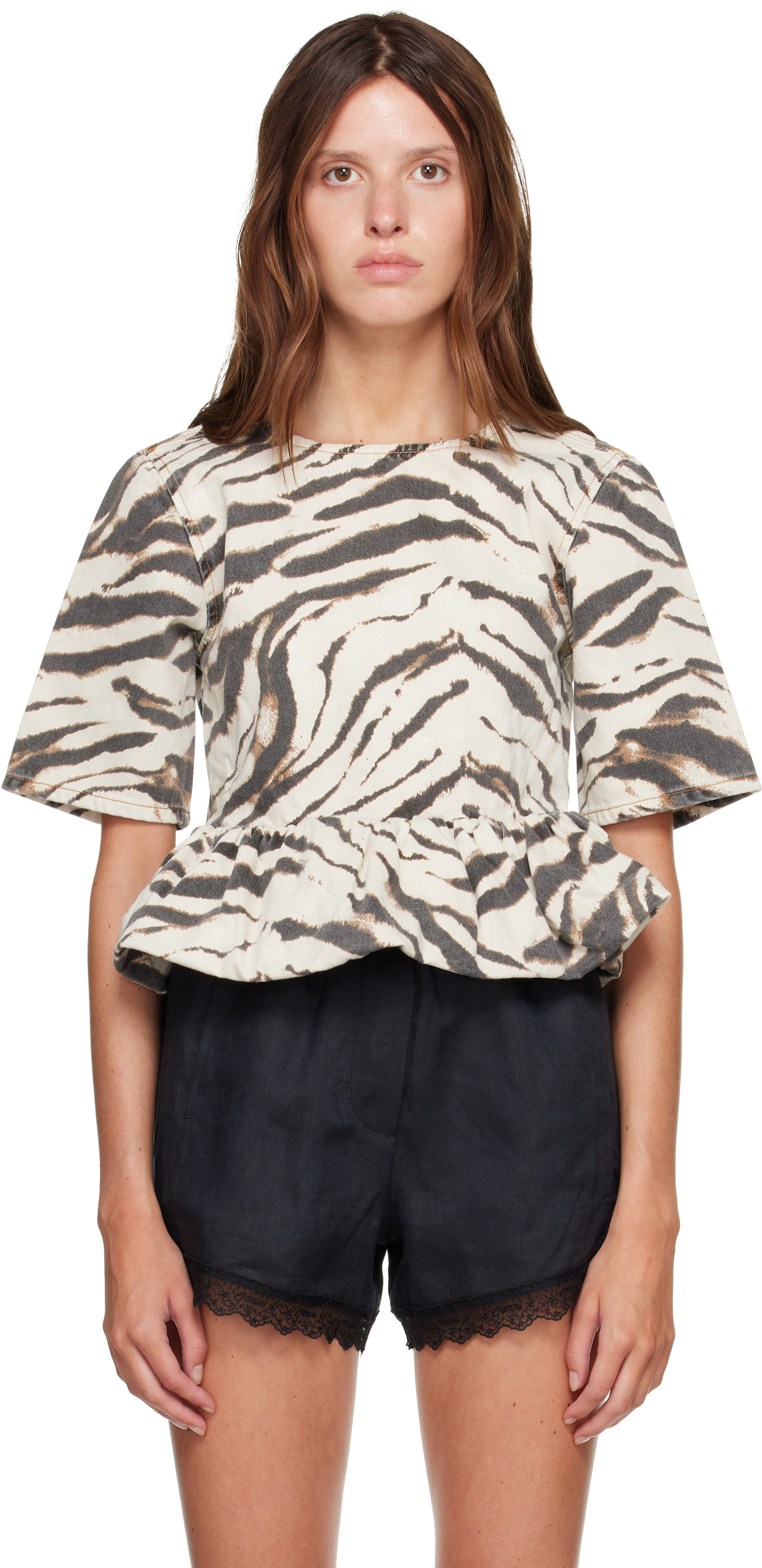 GANNI: Off-White & Brown Zebra Denim Blouse | SSENSE