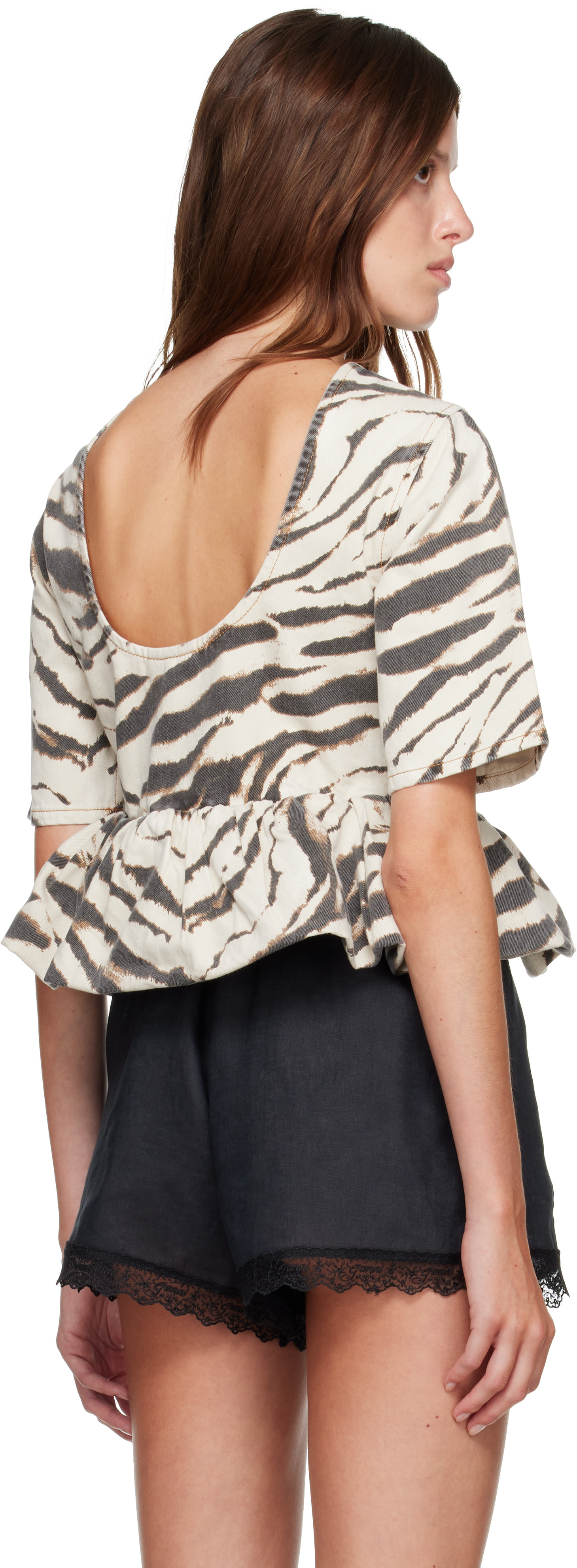 GANNI: Off-White & Brown Zebra Denim Blouse | SSENSE