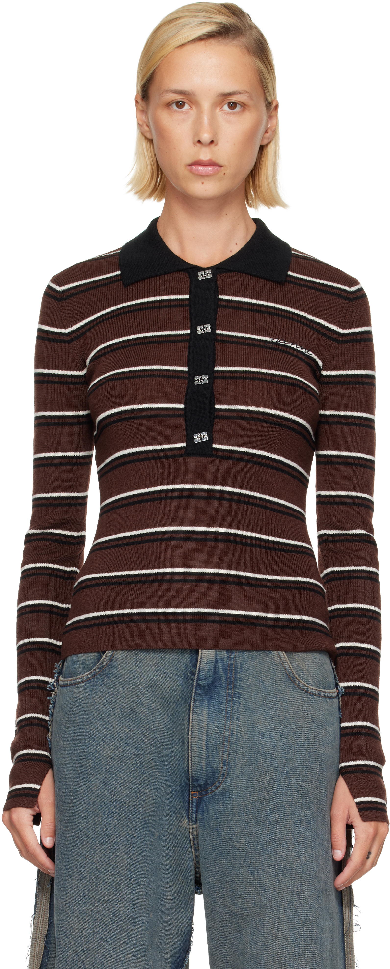 GANNI: ブラウン Striped Merino ニットポロシャツ | SSENSE 日本