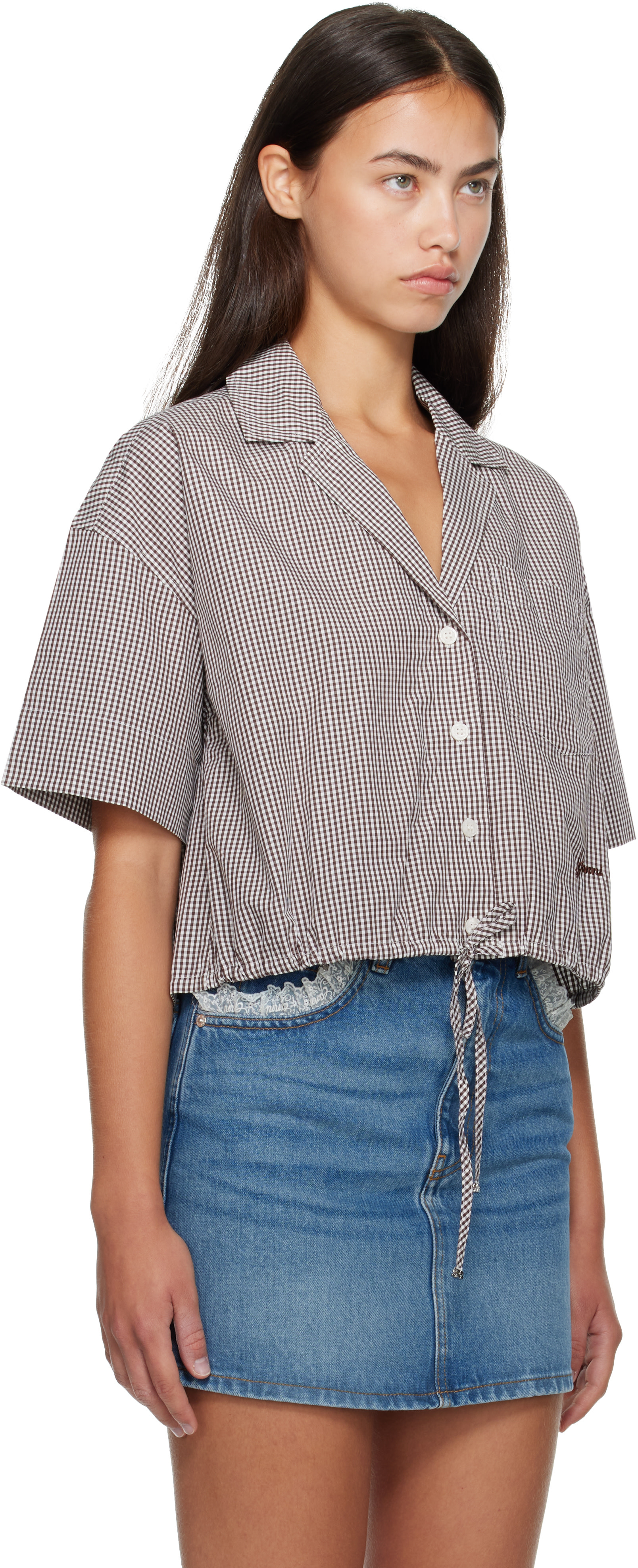 GANNI: Brown Check Cotton Cropped Bowling Shirt | SSENSE