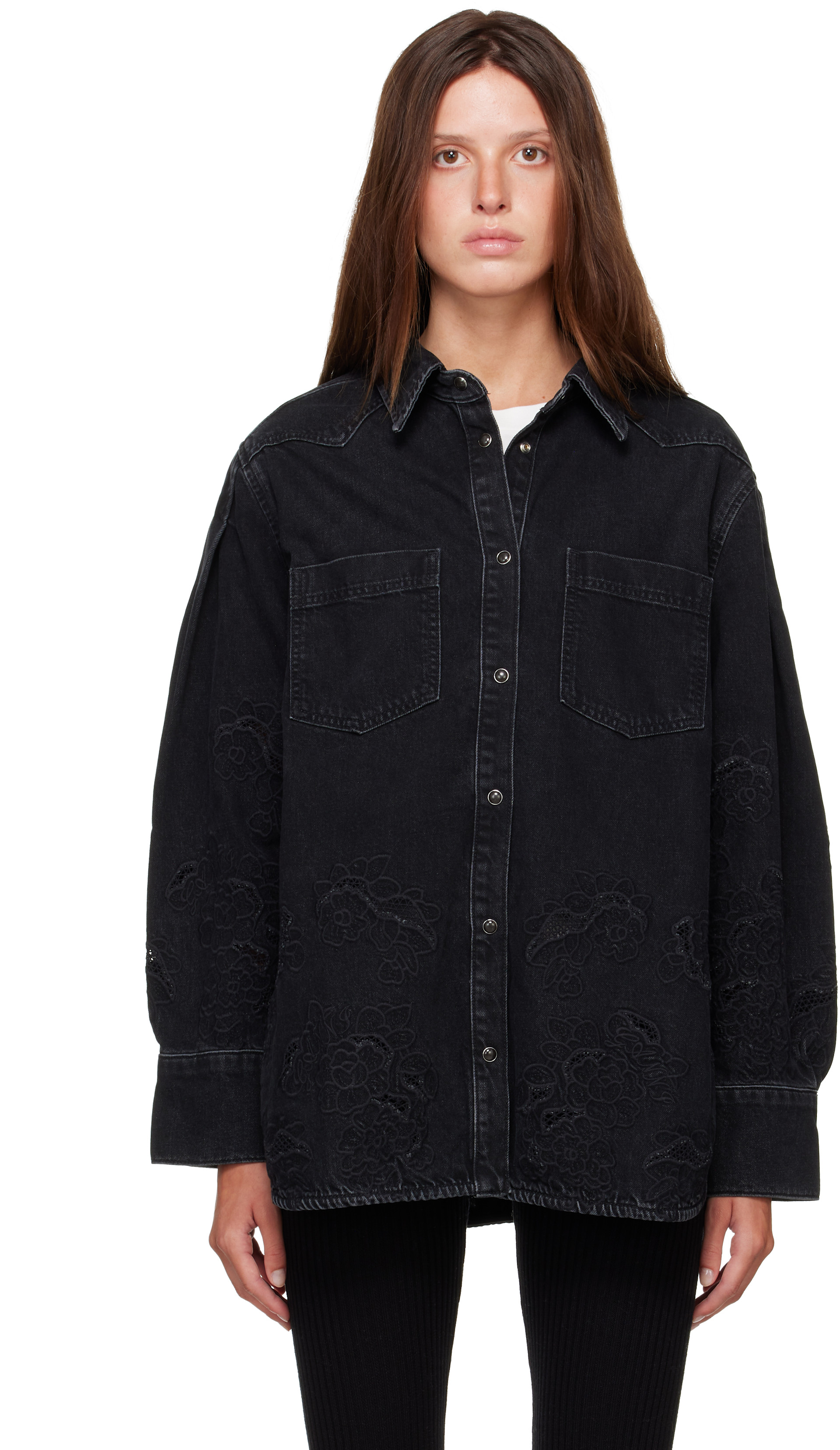 GANNI: Black Broderie Anglaise Denim Shirt | SSENSE