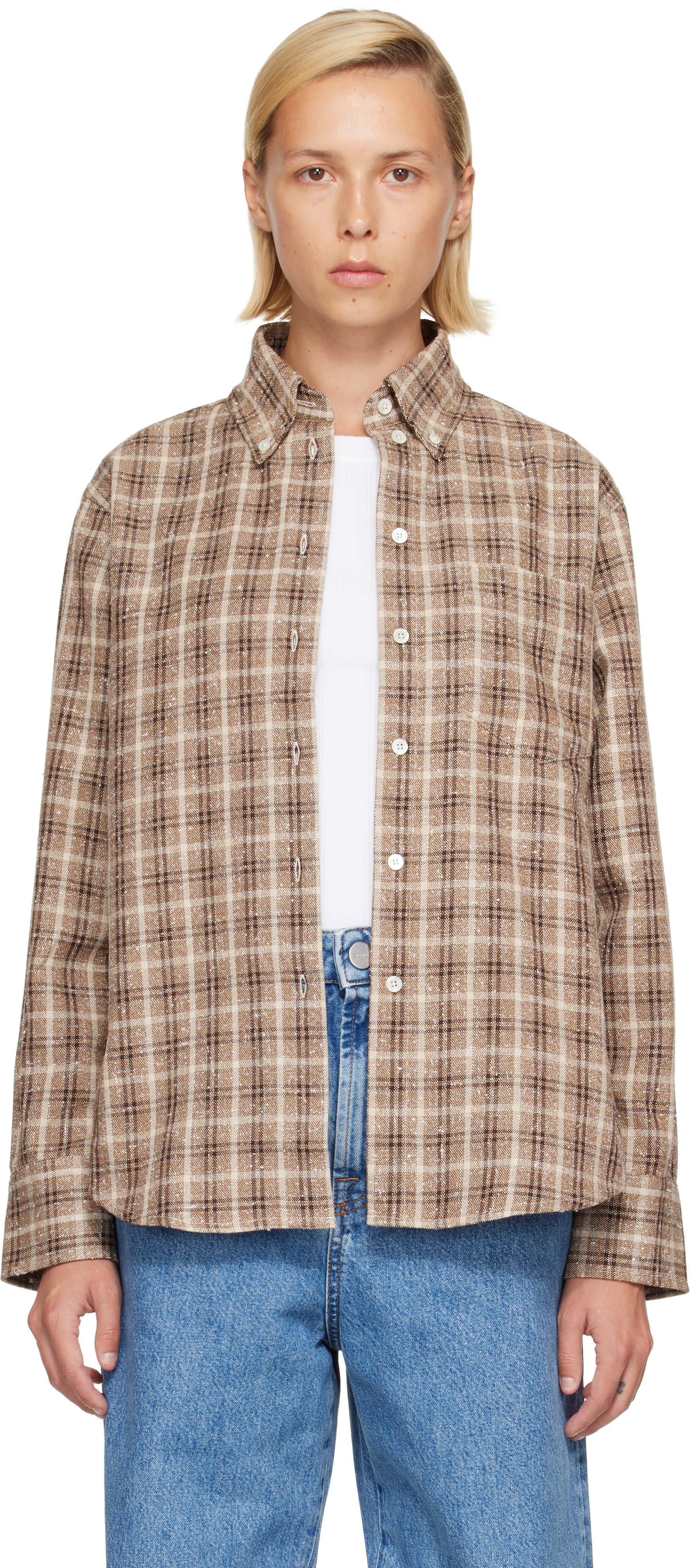 Róhe: Beige Oxford Bouclé Check Shirt | SSENSE