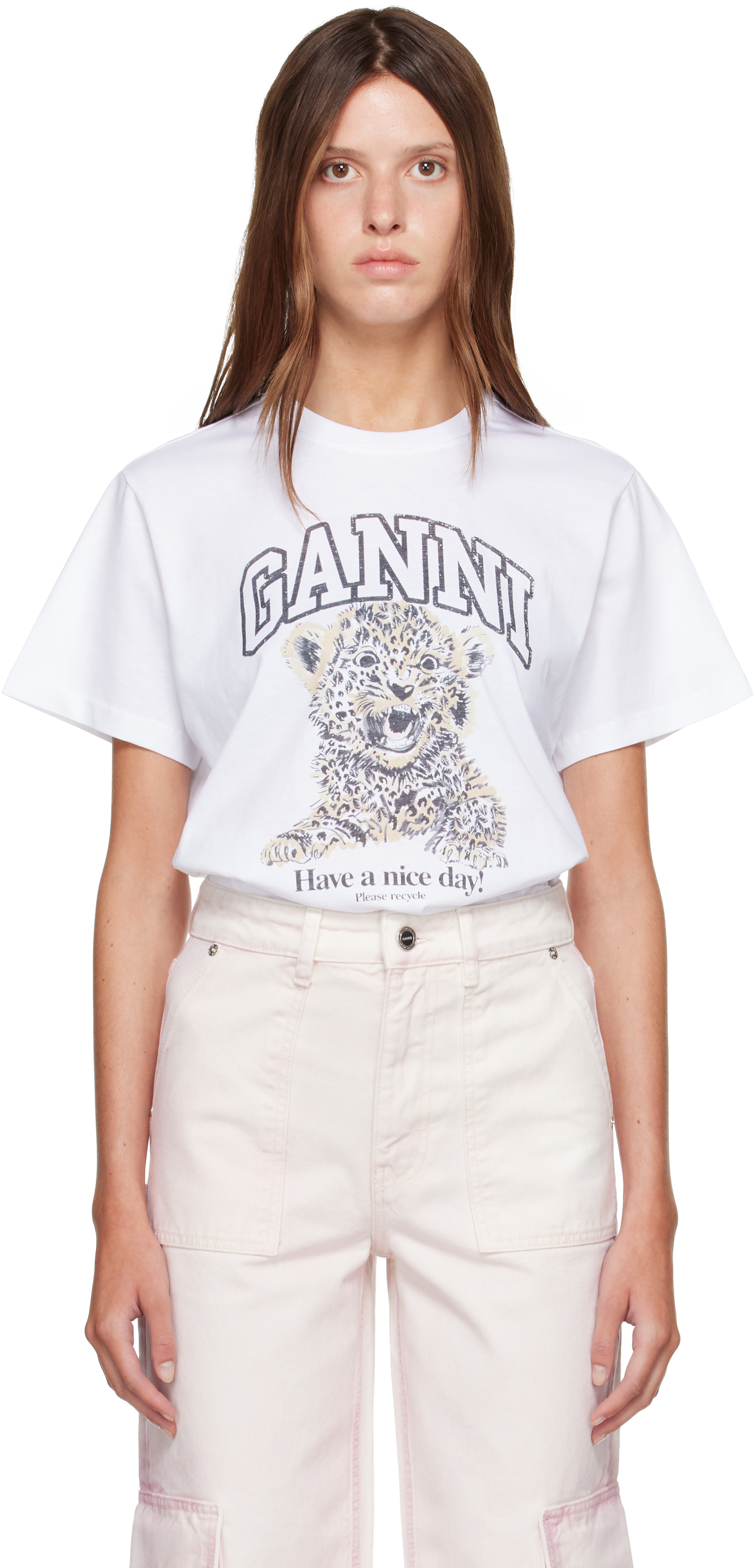 GANNI - 화이트 베이직 레오파드 릴랙스 저지 티셔츠