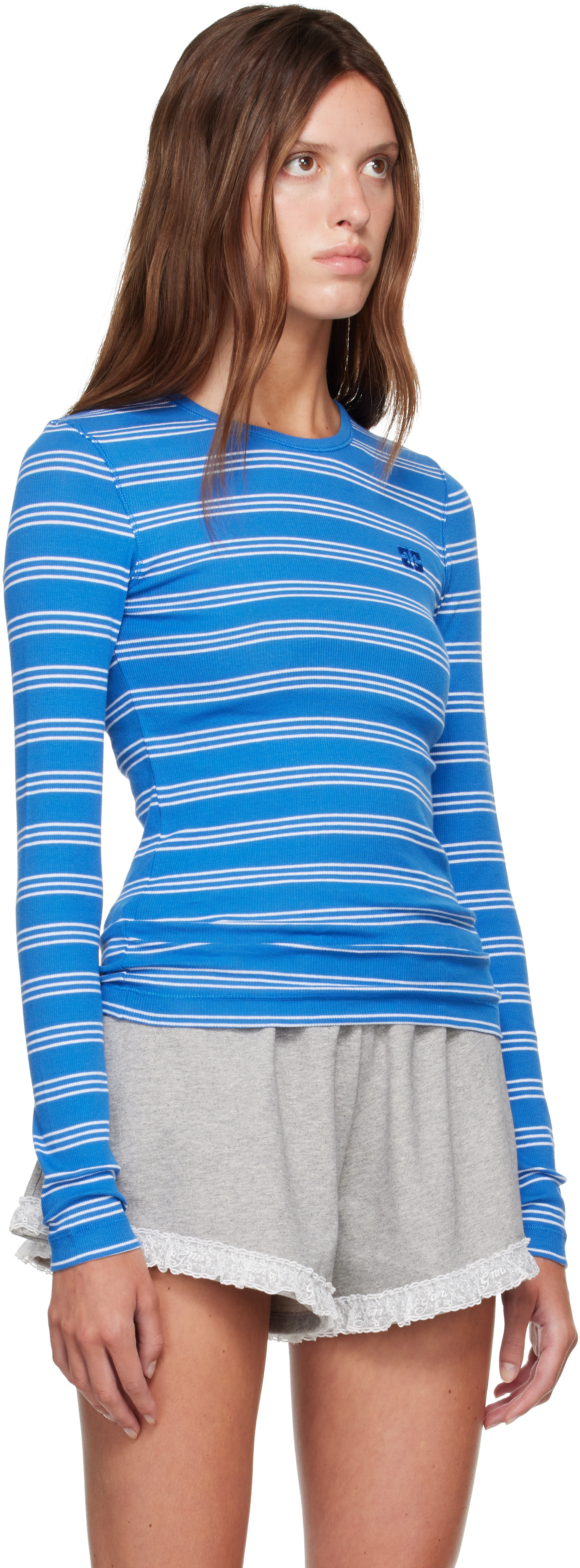 ★ラスト値下げ★GANNI ストライプ　リブTシャツ GANNI: Navy Long-Sleeve Stripes T-shirt | SSENSE