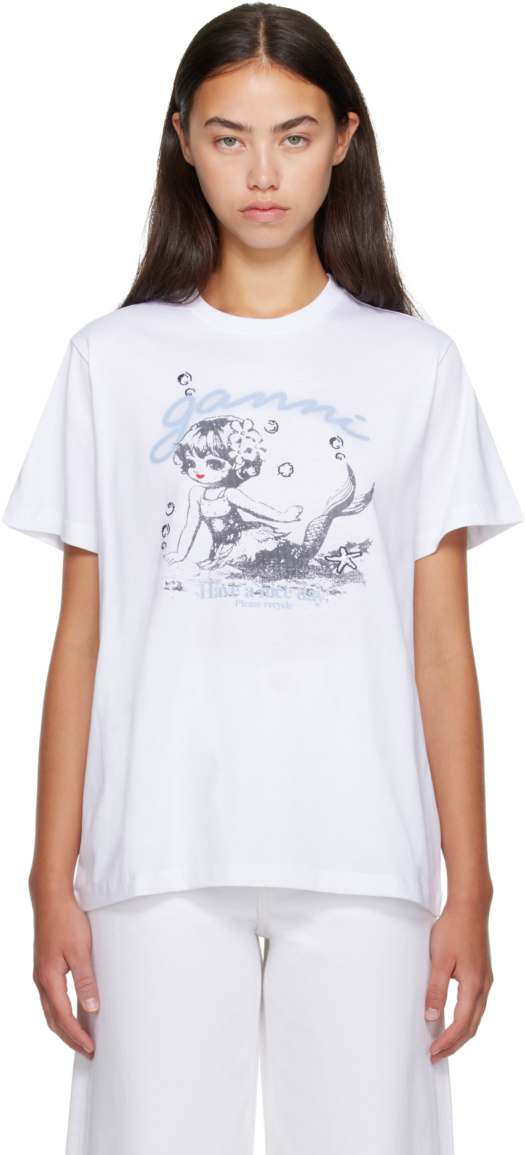 GANNI: ホワイト Future Jersey Washed Mermaid Tシャツ | SSENSE 日本