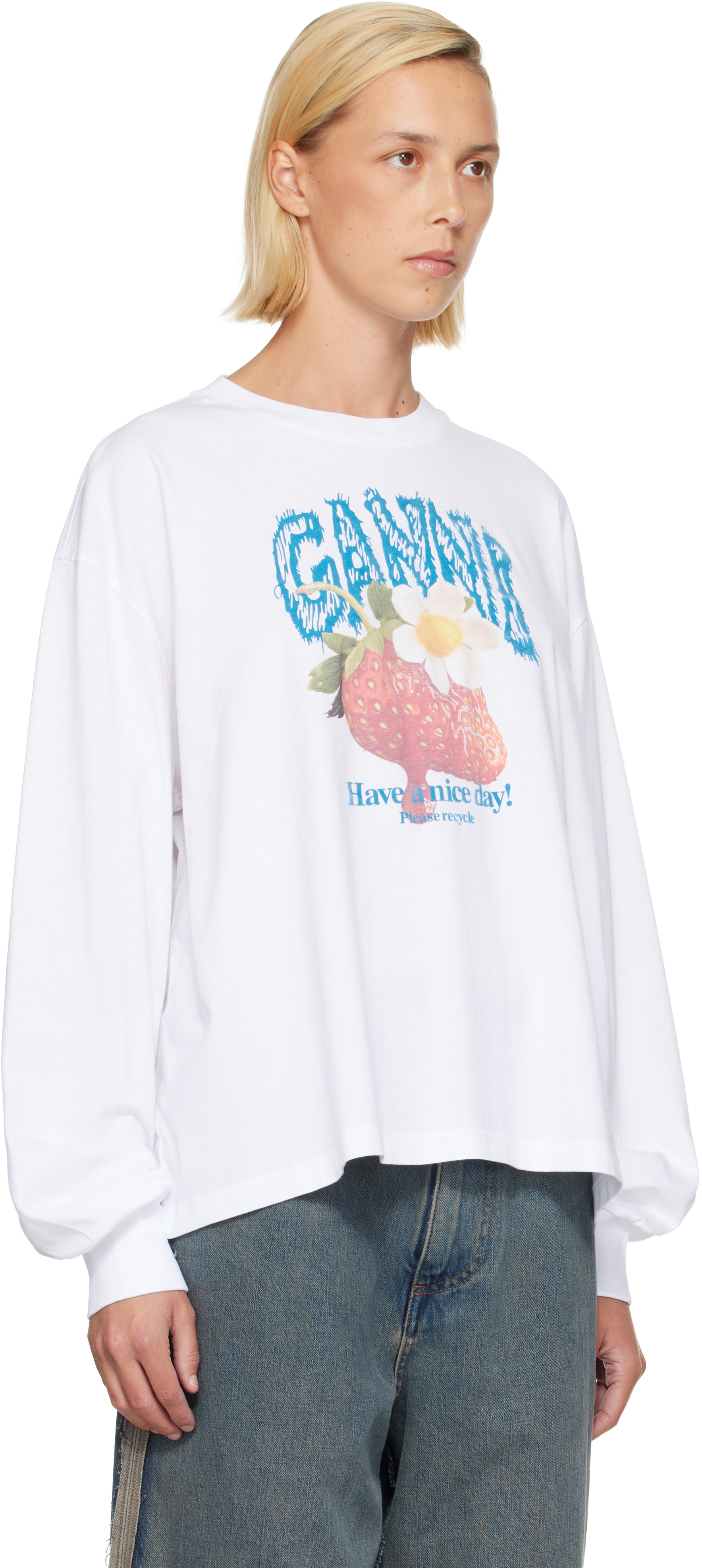 GANNI: White Long Sleeve Strawberry T-shirt | SSENSE